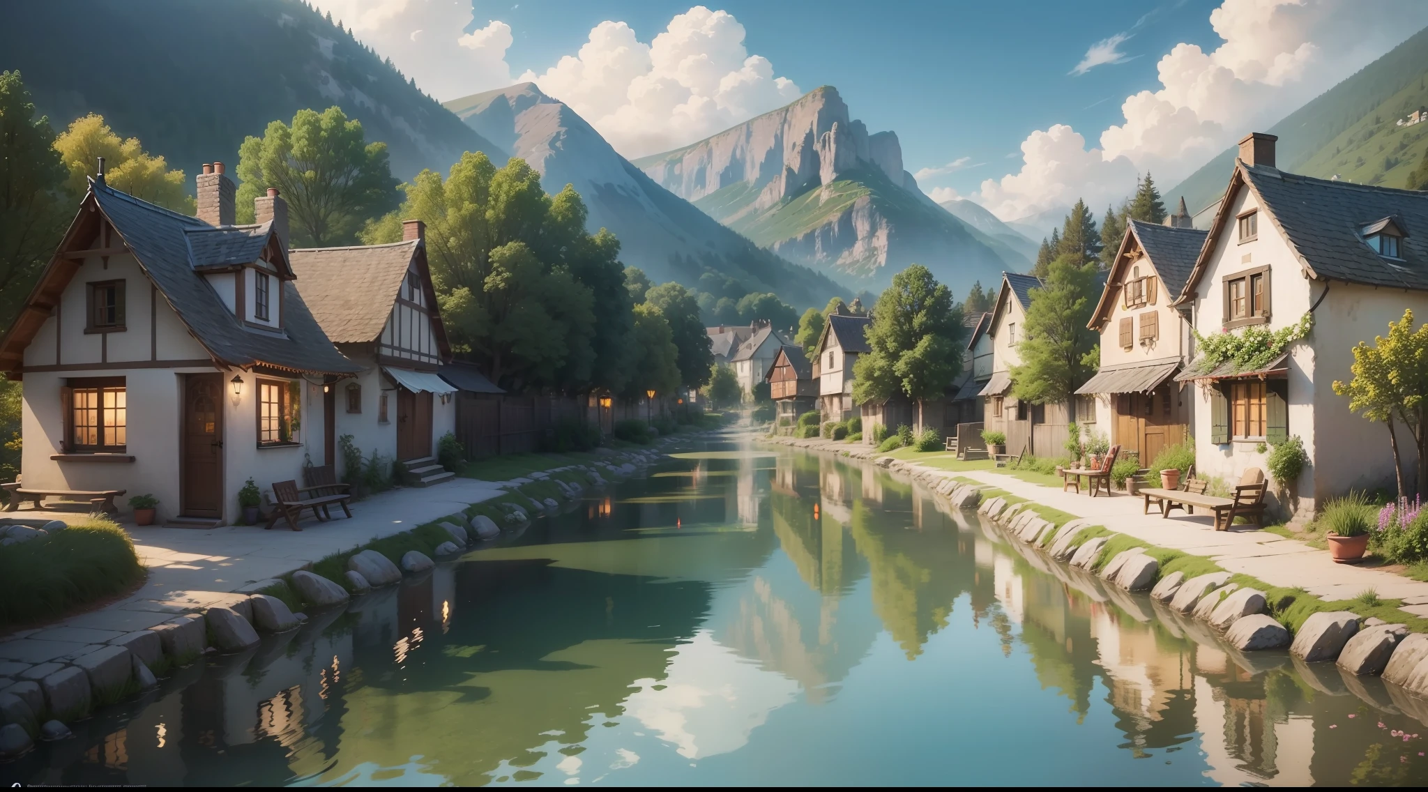 "A serene and picturesque village, where stories unfold. A peaceful and enchanting atmosphere, with vintage charm. Quaint cottages, cobblestone streets, and blooming flowers. (Include elements like: villagers, daily activities, traditional customs, festivals). Immersive colors and soft lighting bring warmth and nostalgia. Capture the essence of community and the joy of simple pleasures. Transport us to a world of tranquility and delightful tales."