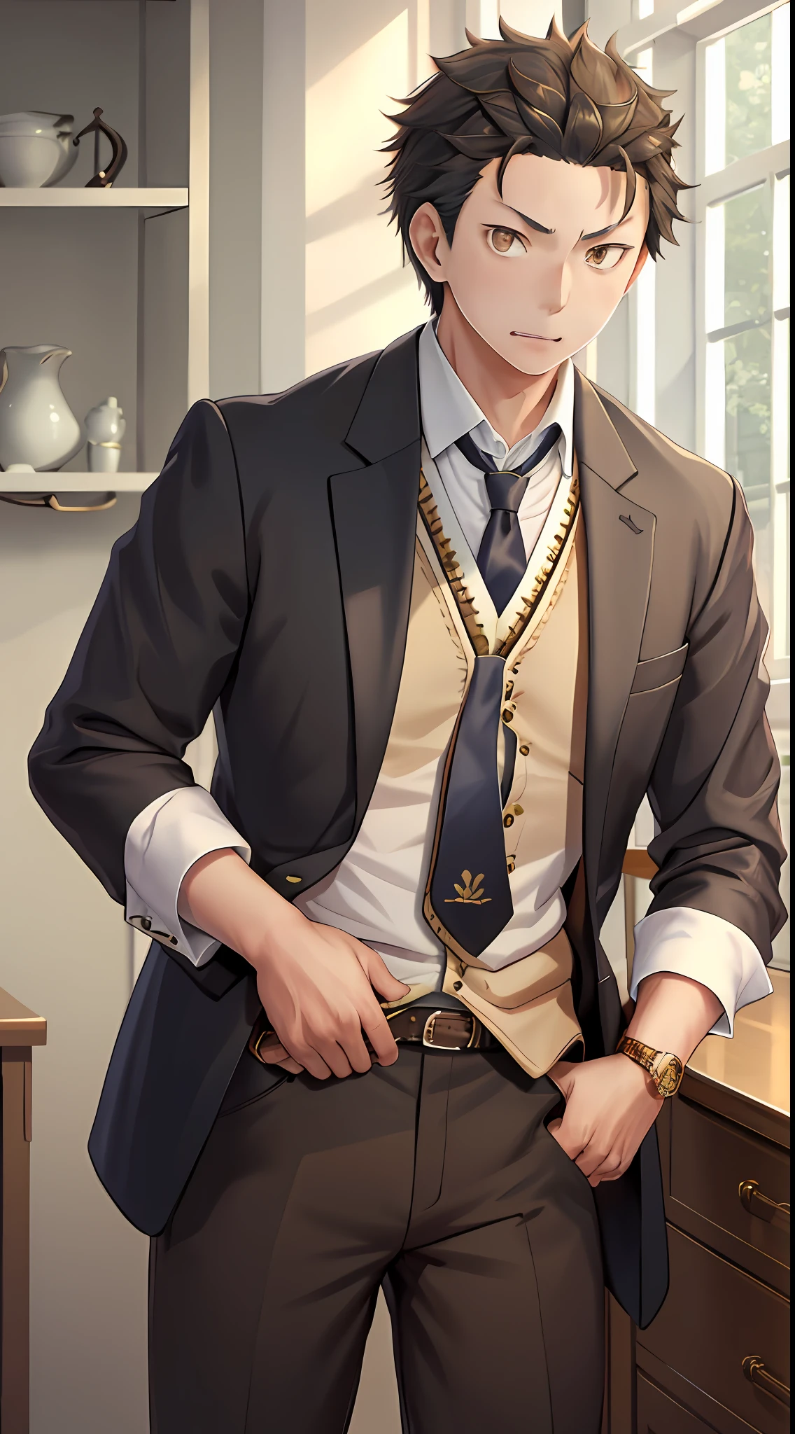 （1 Adult male），A high resolution， Sharp focus， Pixiv masterpiece， （（Complicated details））， highly  detailed， natsuki_subaru， 1 man， with her mouth open，drools，full bodyesbian， Golden eyes（eyes glowing）， with short golden hair，white  shirt，Wear a tie，Wear a belt，perspire，look from down