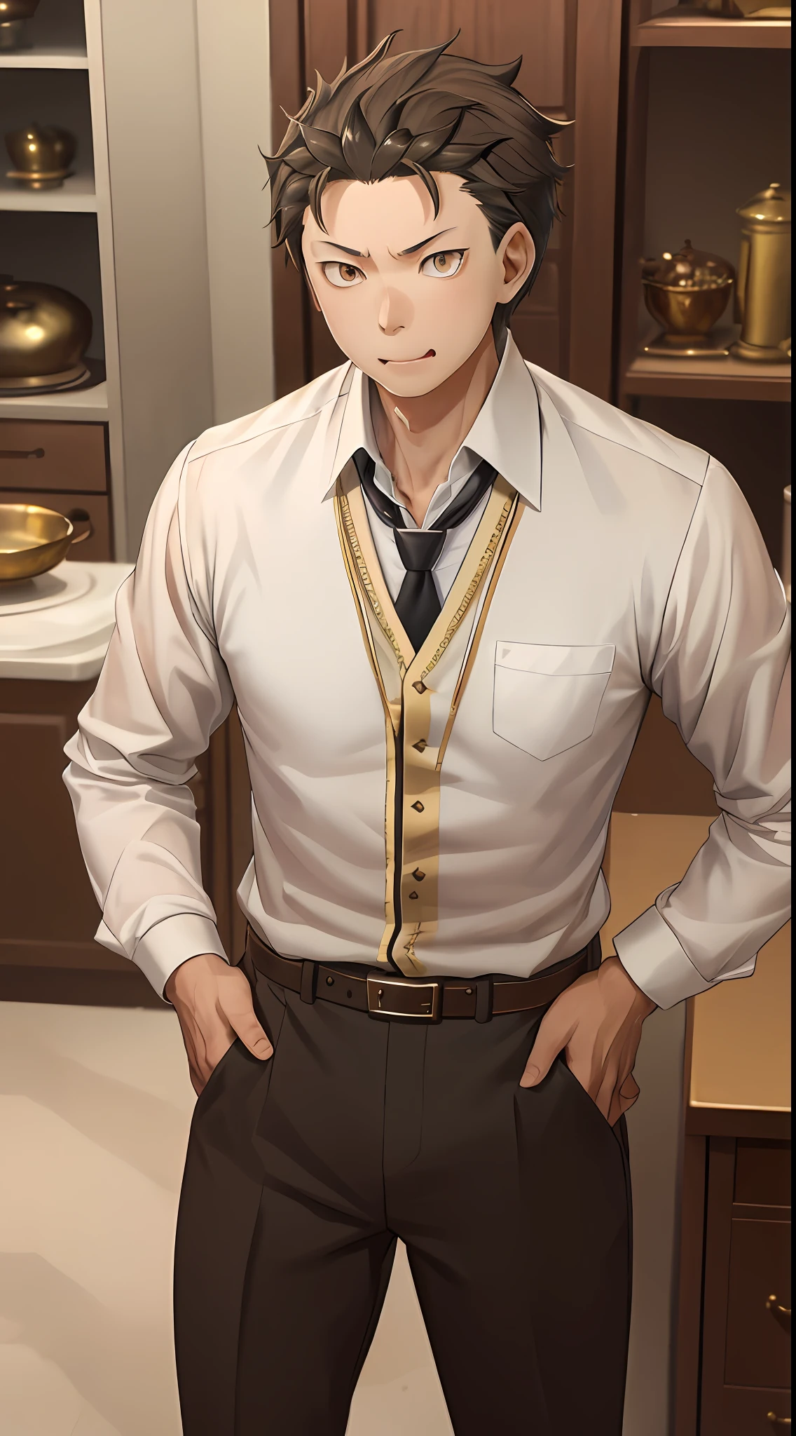 （1 Adult male），A high resolution， Sharp focus， Pixiv masterpiece， （（Complicated details））， highly  detailed， natsuki_subaru， 1 man， with her mouth open，drools，full bodyesbian， Golden eyes（eyes glowing）， with short golden hair，white  shirt，Wear a tie，Wear a belt，perspire，look from down