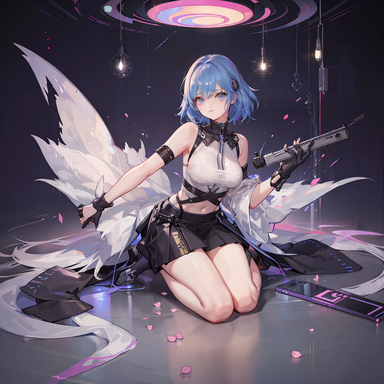 (8K、RAW Photography、top-quality、masterpiece:1.2)、(reallistic、Photorealsitic:1.37)、(KPOP Idol)、(aegyo sal:1)、cute little、Professional Writing、photon maping、Radio City、Physically Based Rendering、Cosplay、lucy(cyberpunked)、bob cuts、Mechanical parts、Gray eye、tshirts、skirt by the、Cyberpunk City Black Pants、natta、neon light、A sexy、Smokexxx、Look at viewers、8K High Resolution、8K、CG Wallpapers、realistic background、Clear background、mideum breasts、full bodyesbian