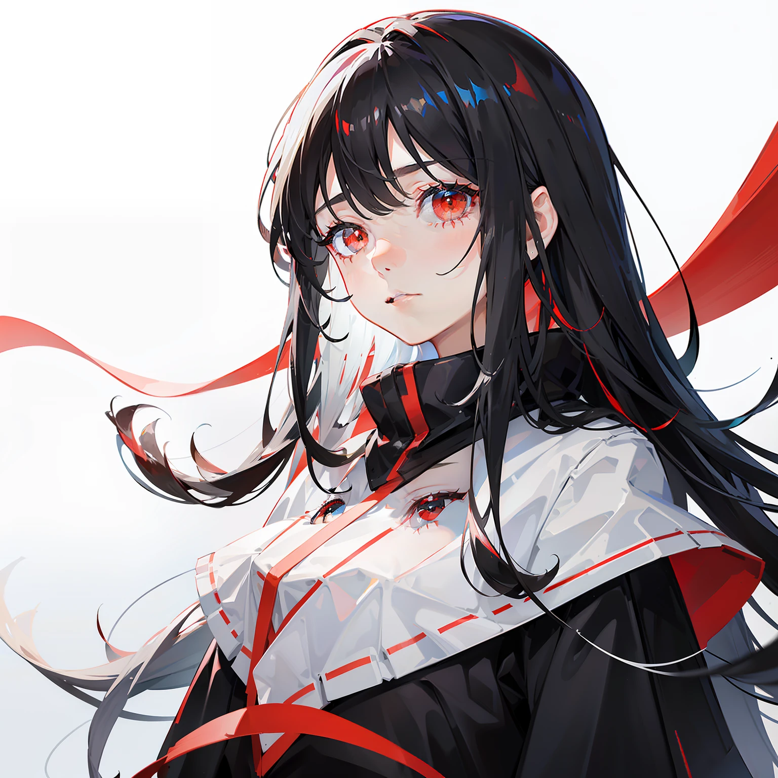 A white -yeld giwhite complexion,Black straight hair with bangs,Black medium long hair,Black bangs,red eyes,red pupil,largeeyes,Sagging eyes,Straight and small nose,Small pointed face,face expressionless,orthofacial,red pupils,Plain white background,Pure black robe,No hats