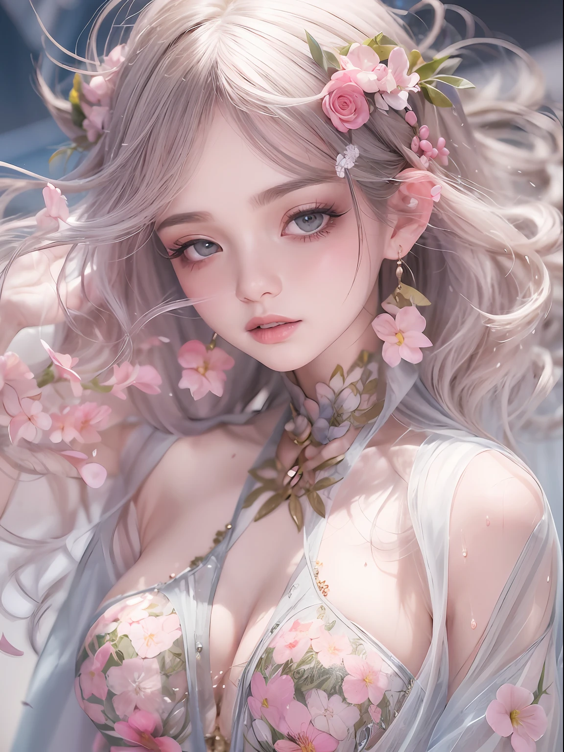 loose outfit、Show shoulders、Navel Ejection、How to wear a gown with a broken see-through halter neck、Decorated with intricate patterns and pastel colors、Transparent material that makes the skin shine、Artistic depiction of seductive woman in gown with wet thin cloth and transparent skin, Floral and fantastic pattern with flowing silky traditional see-through skin。Her dress draped elegantly around her curvaceous figure、Emphasizes her charming silhouette。She's a gentle fireworks night、Dynamic Posing、Sexy Posing、bathed in the soft glow of moonlight。The scene is、With a hint of mystery and sensuality、It exudes an ethereal dreamy atmosphere。The image style is、It incorporates a blend of watercolor and digital illustration techniques.、It makes you feel delicate beauty and charm。Soft moonlit lighting、Cast gentle highlights and shadows on her mesmerizing features。Dynamic Posing、Bold poses、The hand is somewhere、see -through、show through、A sexy、Wet hair、Wet、cherry trees、flower petals、cherryblossom、The cherry tree、Sakura blizzard、buried、Transparent skin、Wet clothes、Chest Pulling、Translucent clothes、Eau、nudde、2a person、garterbelts、fishnet tights、