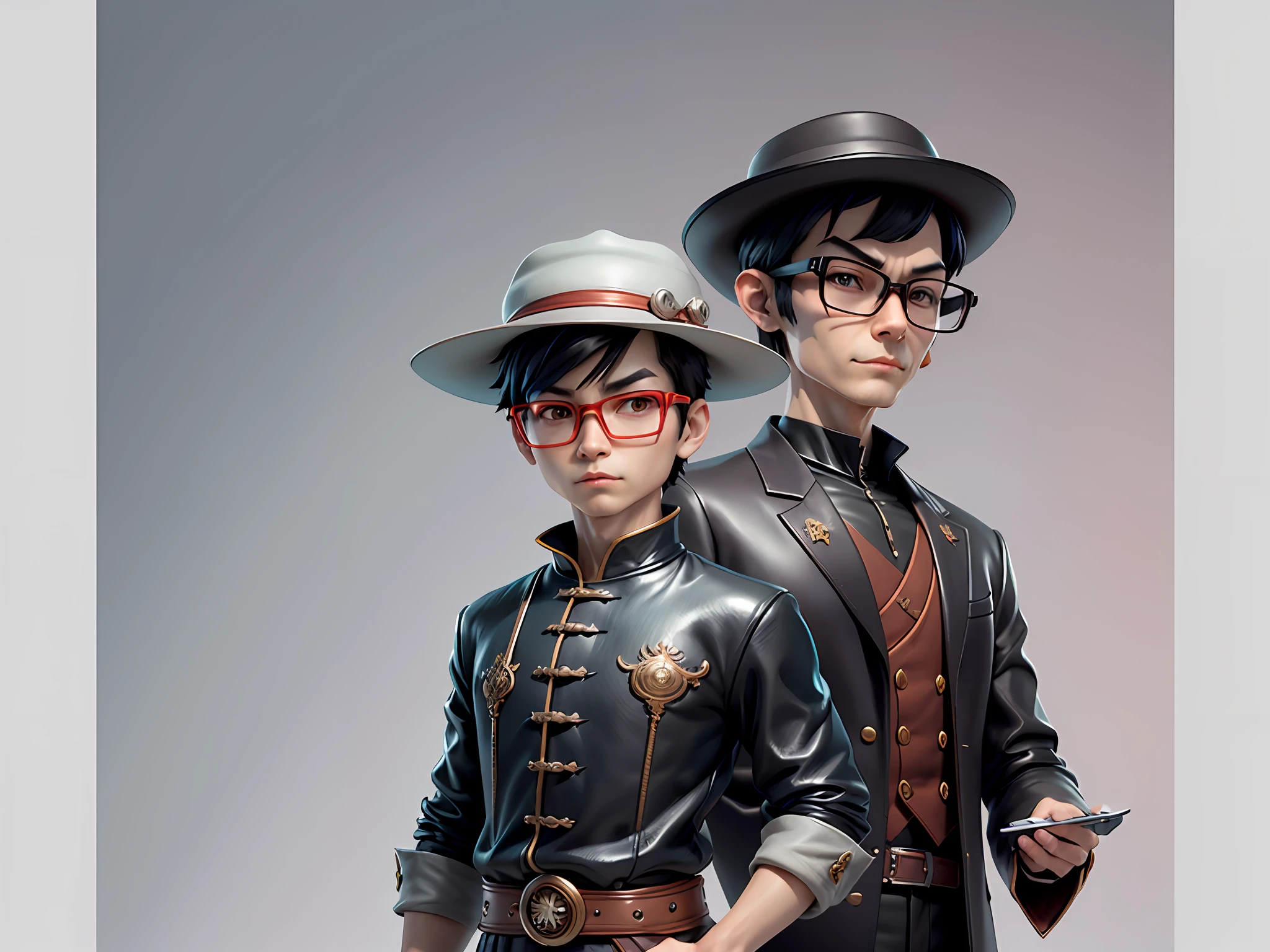 Young man with oriental face in leather hat, dragon, formal suit, short black hair, silver glasses, digital painting, 3D character design by Mark Clairedon and Pixar and Hayao Miyazaki and Akira Toriyama, the illustration is a high-definition illustration in 4K resolution with very detailed facial features and cartoon-style visuals.