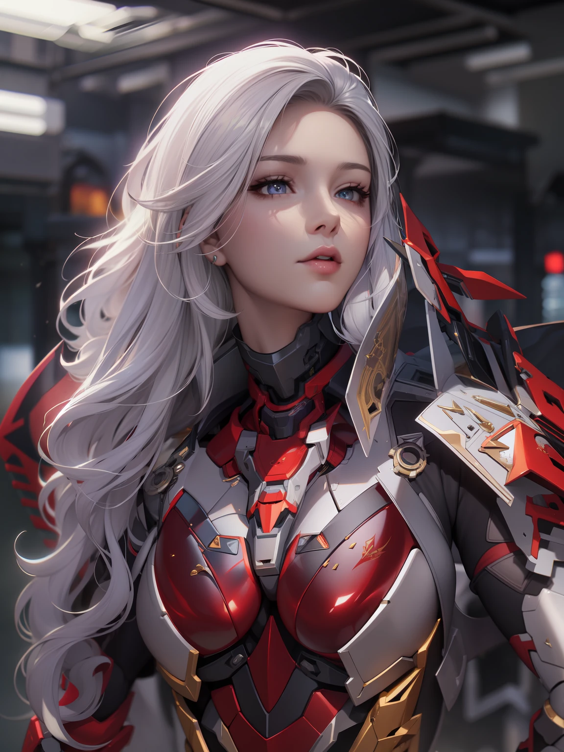 Exoskeleton mech，afofuturism，Gold and red theme style，offcial art，Unity 8k wallpaper，Hyper-detailing，Master masterpieces，，Best quality at best，A woman who is，（The is very detailed），（RAW photos，best qualtiy），（Realistis，realisticlying：1.3），High- sharpness，Open Your Mouth Lightly，Ultra-detailed complex face 3D  girl rendering，Mecha back，（highly detailedskin：1.2），），Beautiful Caucasian Woman，Soft breasts and fair skin ，Black color hair，eBlue eyes，long whitr hair，，dynamic angle，Mysterious expressions，fire glow effect，Fantasy background，edge lit，Side brightness，cinematric light，hyper HD，8K，filmgrain，Best shadow，light particules，detailed skin textures，Detailed jewel armor texture，detailed face with，with intricate detail，ultra - detailed，brightly，sturdy，Silver armor，，Slender abs， have glowing weapons，Mech shield，pole，（Beautiful huge mech crown with details）），shinning eyes，long cape，fanciful,,,,,hdr（HighDynamicRange）,Ray traching,NVIDIA RTX,Hyper-Resolution,Unreal 5,Subsurface scattering、PBR Texture、post-proces、Anisotropy Filtering、depth of fields、maximum definition and sharpness、Many-Layer Textures、Albedo e mapas Speculares、Surface coloring、Accurate simulation octane rendering of light-material interactions、Two-colored light、largeaperture、Low ISO、White balance、the rule of thirds、8K raw data、blackstockings