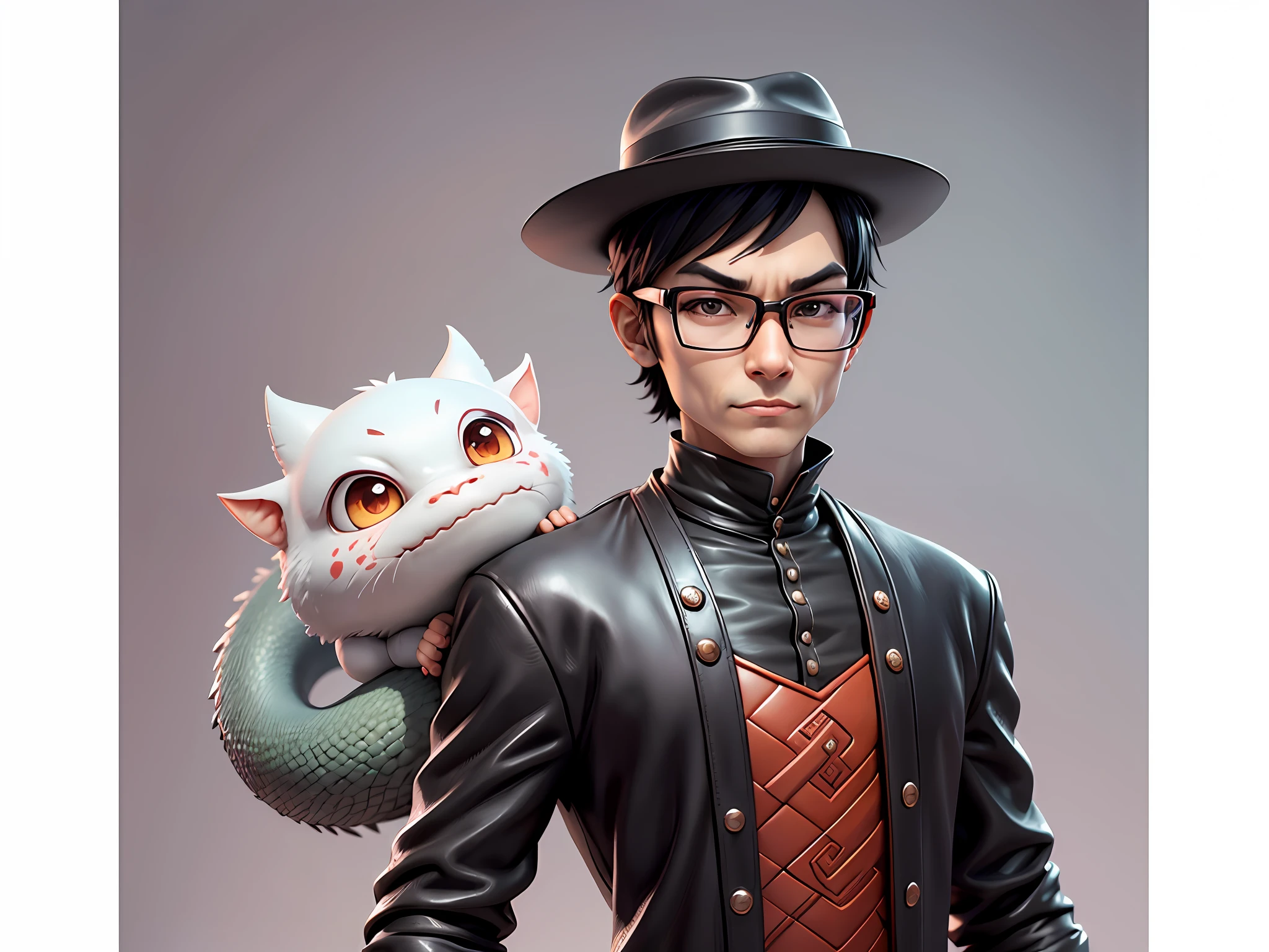 Young man with oriental face in leather hat, dragon, formal suit, short black hair, silver glasses, digital painting, 3D character design by Mark Clairedon and Pixar and Hayao Miyazaki and Akira Toriyama, the illustration is a high-definition illustration in 4K resolution with very detailed facial features and cartoon-style visuals.