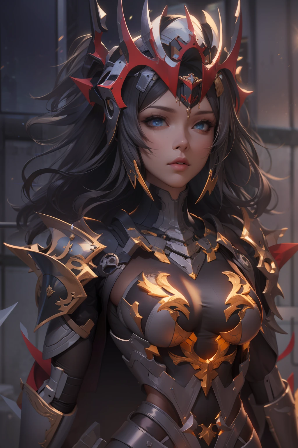 Exoskeleton mech，afofuturism，Gold and red theme style，offcial art，Unity 8k wallpaper，Hyper-detailing，Master masterpieces，，Best quality at best，A woman who is，（The is very detailed），（RAW photos，best qualtiy），（Realistis，realisticlying：1.3），High- sharpness，Open Your Mouth Lightly，Ultra-detailed complex face 3D  girl rendering，Mecha back，（highly detailedskin：1.2），），Beautiful Caucasian Woman，Soft breasts and fair skin ，Black color hair，eBlue eyes，long whitr hair，，dynamic angle，Mysterious expressions，fire glow effect，Fantasy background，edge lit，Side brightness，cinematric light，hyper HD，8K，filmgrain，Best shadow，light particules，detailed skin textures，Detailed jewel armor texture，detailed face with，with intricate detail，ultra - detailed，brightly，sturdy，Silver armor，，Slender abs， have glowing weapons，Mech shield，pole，（Beautiful huge mech crown with details）），shinning eyes，long cape，fanciful,,,,,hdr（HighDynamicRange）,Ray traching,NVIDIA RTX,Hyper-Resolution,Unreal 5,Subsurface scattering、PBR Texture、post-proces、Anisotropy Filtering、depth of fields、maximum definition and sharpness、Many-Layer Textures、Albedo e mapas Speculares、Surface coloring、Accurate simulation octane rendering of light-material interactions、Two-colored light、largeaperture、Low ISO、White balance、the rule of thirds、8K raw data、blackstockings