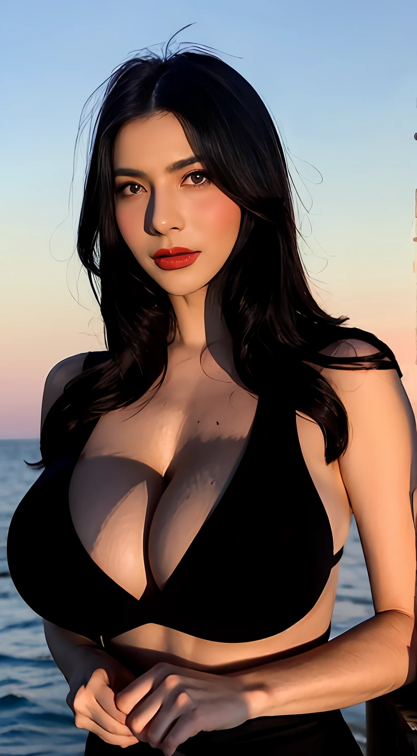 Tifa lockhart, tifa_lockhart, ff7, sultry face, (black long hair), hair bangs (red eyes:1.3) long eyelashes, beautiful red eyes with brightness, surrealism, shadow, stereogram, (photorealistic, realistic: 1.2), POV, atmospheric perspective, cinematic lighting, ray tracing, 8k, super detail, best quality, masterpiece, well detailed, (Canan EOS R6, 135mm, 1/1250s, f/2.8, ISO 400:0.9), on a beach, sunset sky, red combat gloves, big breasts, slim, large boobs, huge boobs, (((ridiculously large breasts))), (absurdly huge breasts:1.5), ((gigantomastia)), ((macromastia)), (((gigantic breasts))), (((((enormous breast))))), white bikini
