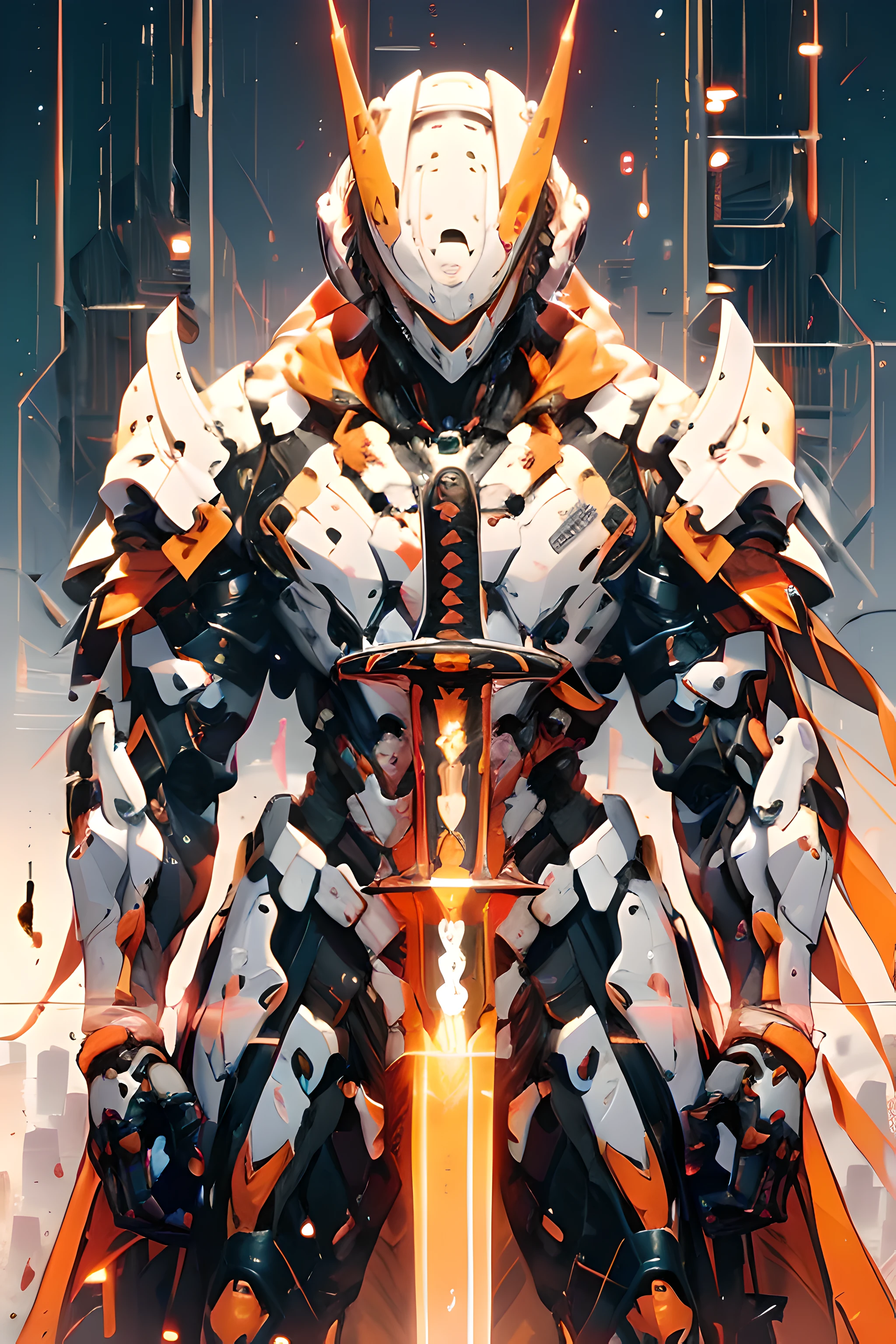 mecha_musume, 1girl, long_hair, science_fiction, weapon, sword, holding_sword, orange_eyes, solo, headgear, holding_weapon, mecha, standing,red body,green background