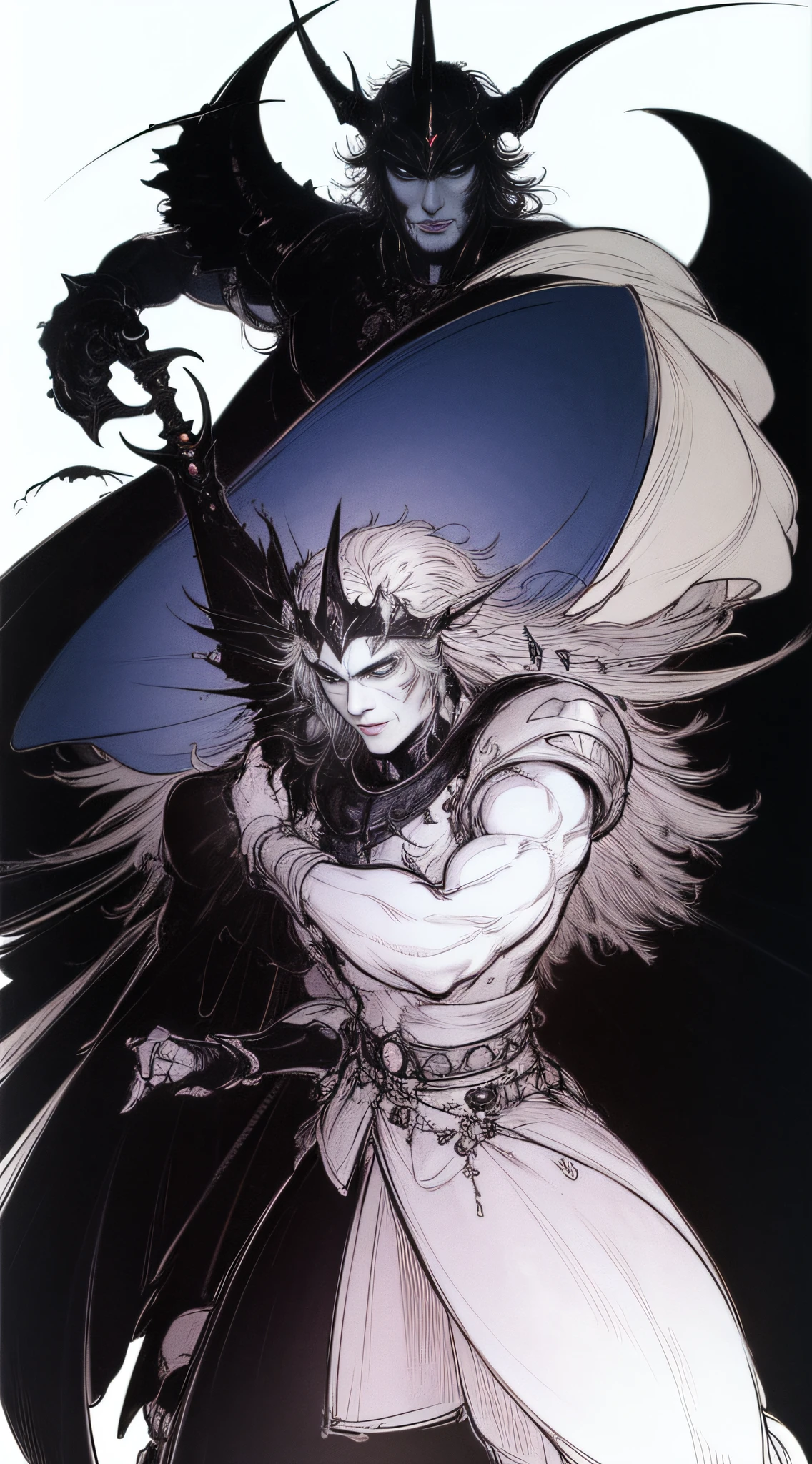 Devil 1、(((Black giant)))、White background、accessorized、line-drawing、pale color、Black Armor、Iron Mask、Fantastical、Alfonse Mucha、de pele branca、Cladding、Rough sketch、coarser line、Painterly、Lively poses、Crow's feathers、Delicate touch、fine lines、Equivocal faces、Sky City、Pencil drawing、the blue moon、Castle on the Moon、white of the eye、Clenching teeth、wriggling the body、fullface、Black Great Sword、Fight dragons、A flock of snakes、the bats、Black Lion