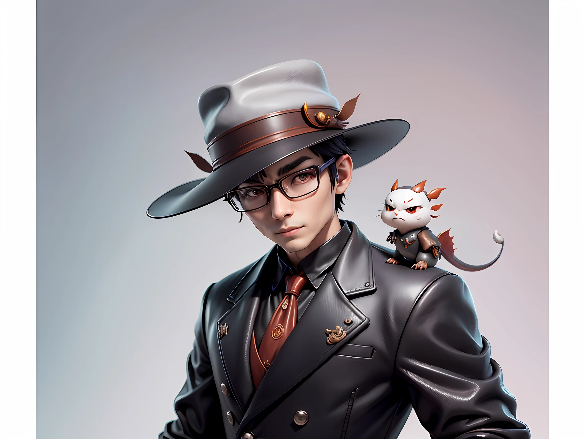 Young man with oriental face in leather hat, dragon, formal suit, short black hair, silver glasses, digital painting, 3D character design by Mark Clairedon and Pixar and Hayao Miyazaki and Akira Toriyama, the illustration is a high-definition illustration in 4K resolution with very detailed facial features and cartoon-style visuals.