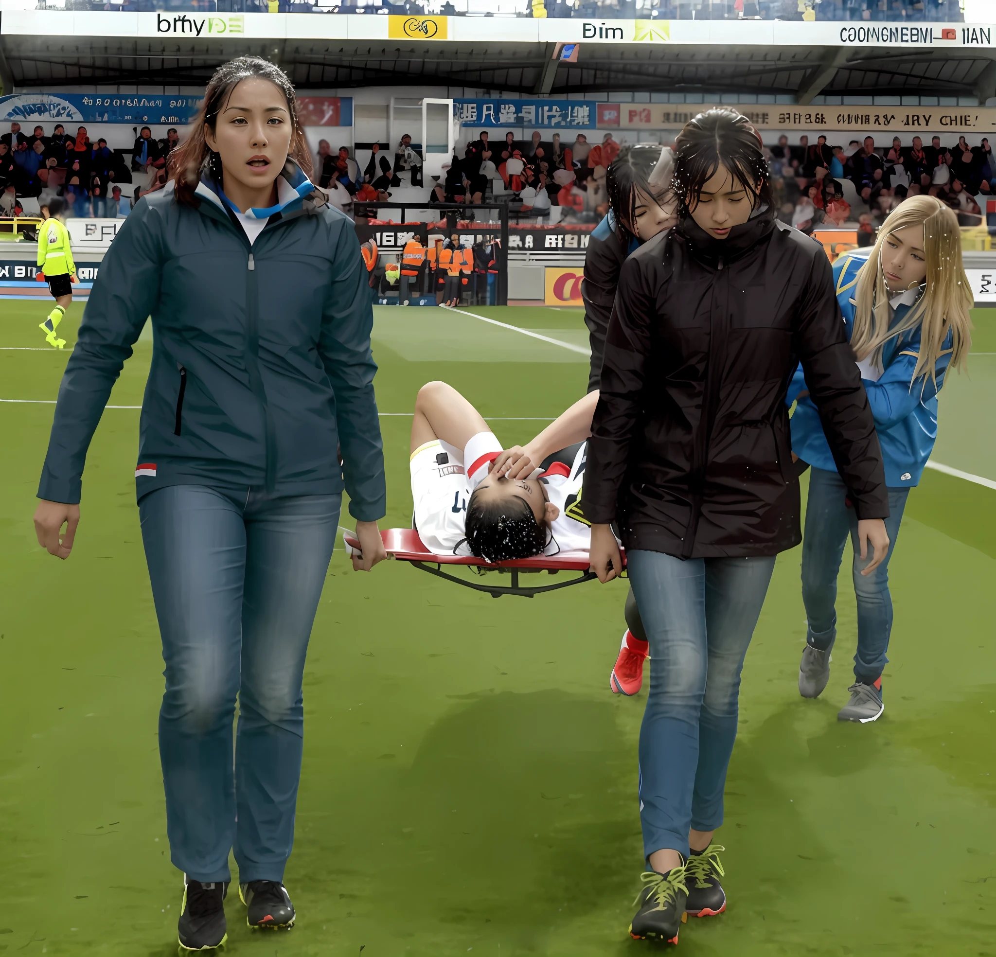 a soccer scene in a chinese sports stadium, rainy weather, wet ground, rainfall, injury scene in a sports stadium, stretcher carry, there are four female medics in wet raincoats who carrying a stretcher, there are four female medics in wet raincoats who are carrying a stretcher in a rainy sports stadium, there is a wounded male soccer player in a matte short cotton sports outfit lying on the stretcher with his hands over his face, an injured male soccer player is lying on his back on a stretcher and is holding his hands over his face, a soccer player is covering his face with the hands while lying on his back on a stretcher, dramatic scene, theatralic posing scene, dramatic pity scene, injury soccer, first aid, help, pity, there are four female medics in shiny raincoats who are looking very sad and very terrified and very shocked, the injured soccer player is screaming out in pain while he is carried from the pitch on a stetcher through the rain