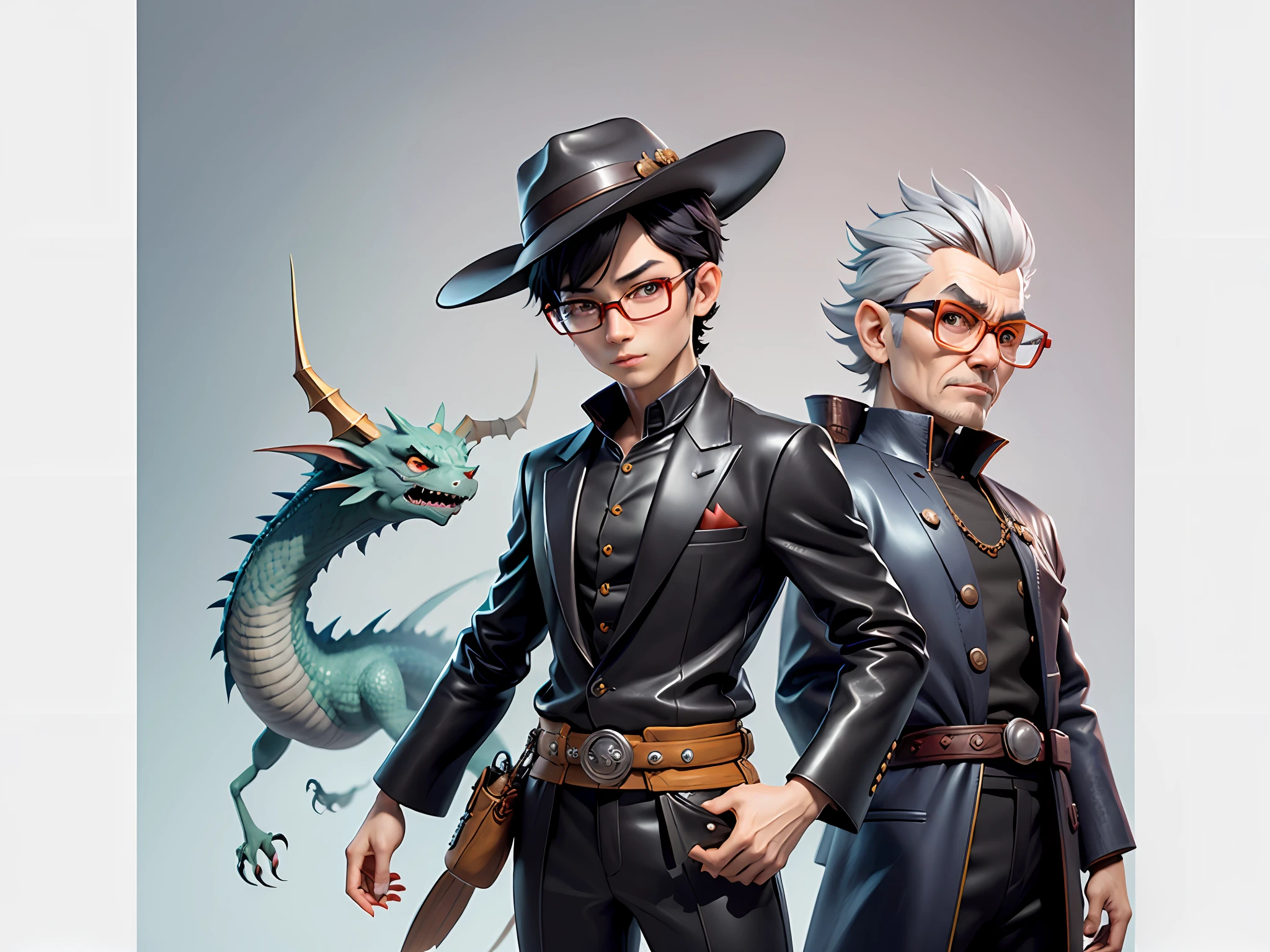 Young man with oriental face in leather hat, dragon, formal suit, short black hair, silver glasses, digital painting, 3D character design by Mark Clairedon and Pixar and Hayao Miyazaki and Akira Toriyama, the illustration is a high-definition illustration in 4K resolution with very detailed facial features and cartoon-style visuals.