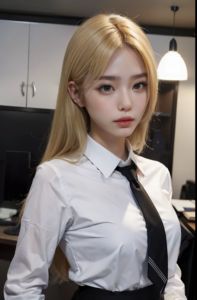one woman, hair long, blonde, black eyes, office clothes  , sharp body, In an office  , detailed body, detailed face, best quality, high quality, masterpiece, korean