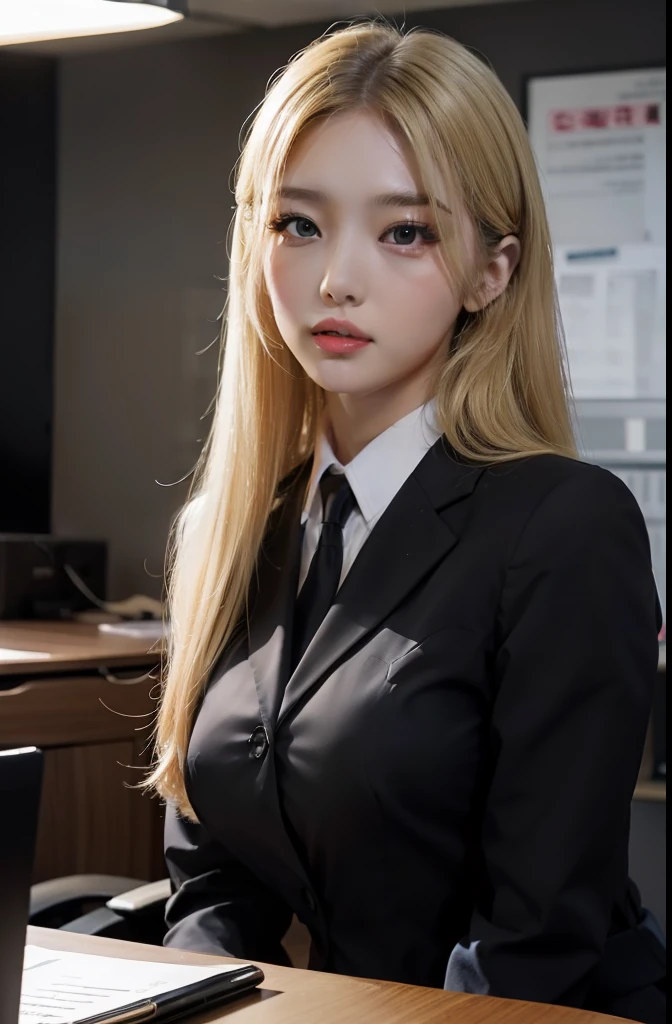 one woman, hair long, blonde, black eyes, office clothes , sharp body, In an office , detailed body, detailed face, best quality, high quality, masterpiece, korean