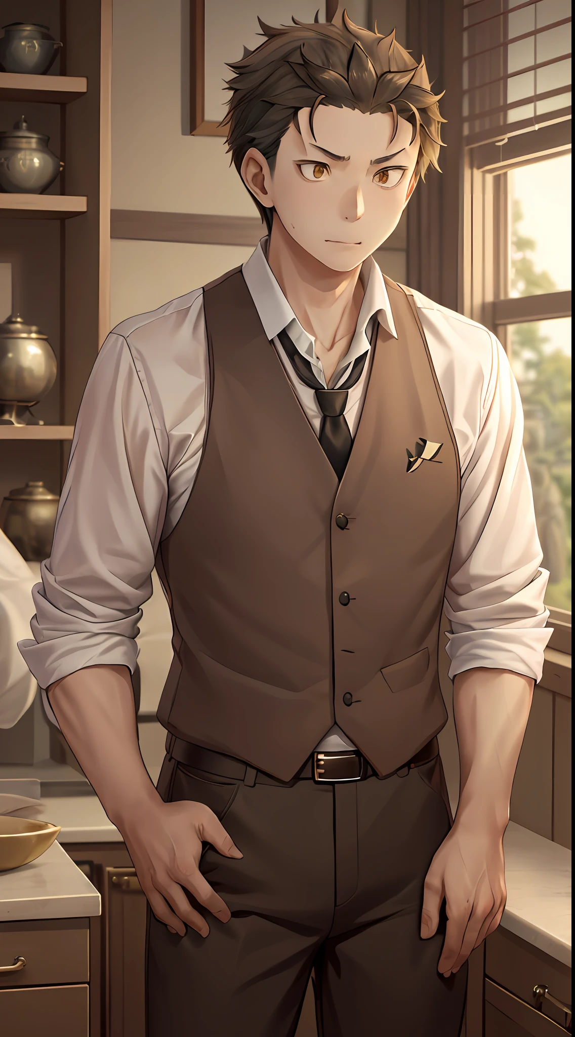 (1 Adult male),A high resolution, Sharp focus, Pixiv masterpiece, ((Complicated details)), highly detailed, natsuki_subaru, 1 man, with her mouth open,drools,full bodyesbian, Golden eyes(eyes glowing), with short golden hair,white shirt,Wear a tie,Wear a belt,perspire,look from down