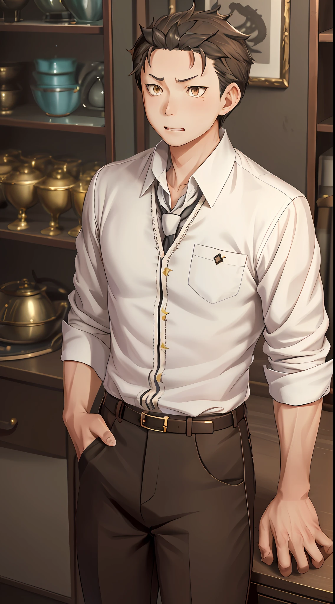 (1 Adult male),A high resolution, Sharp focus, Pixiv masterpiece, ((Complicated details)), highly detailed, natsuki_subaru, 1 man, with her mouth open,drools,full bodyesbian, Golden eyes(eyes glowing), with short golden hair,white shirt,Wear a tie,Wear a belt,perspire,look from down