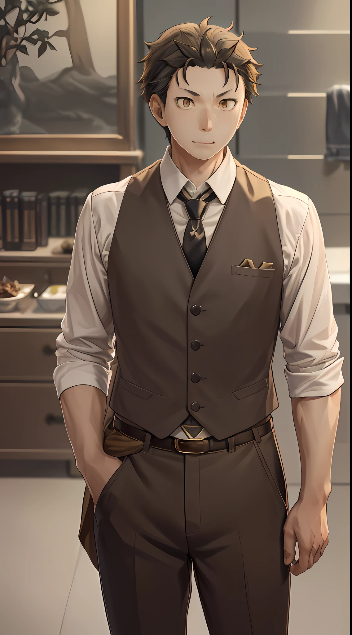 (1 Adult male),A high resolution, Sharp focus, Pixiv masterpiece, ((Complicated details)), highly detailed, natsuki_subaru, 1 man, with her mouth open,drools,full bodyesbian, Golden eyes(eyes glowing), with short golden hair,white shirt,Wear a tie,Wear a belt,perspire,look from down