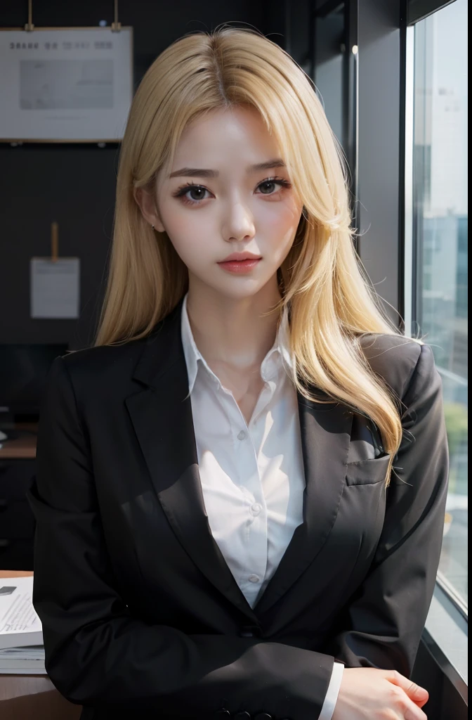 one woman, hair long, blonde, black eyes, office clothes  , sharp body, In an office  , detailed body, detailed face, best quality, high quality, masterpiece, korean