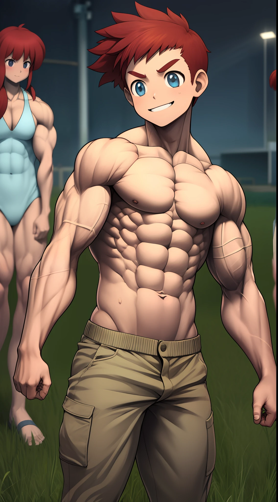 ((Height one meter five)),Libido boy,Shirtless children,yo,Solo,One man only,On an open field where no one is,Be red in the face,A slight smil,bulky,musculature