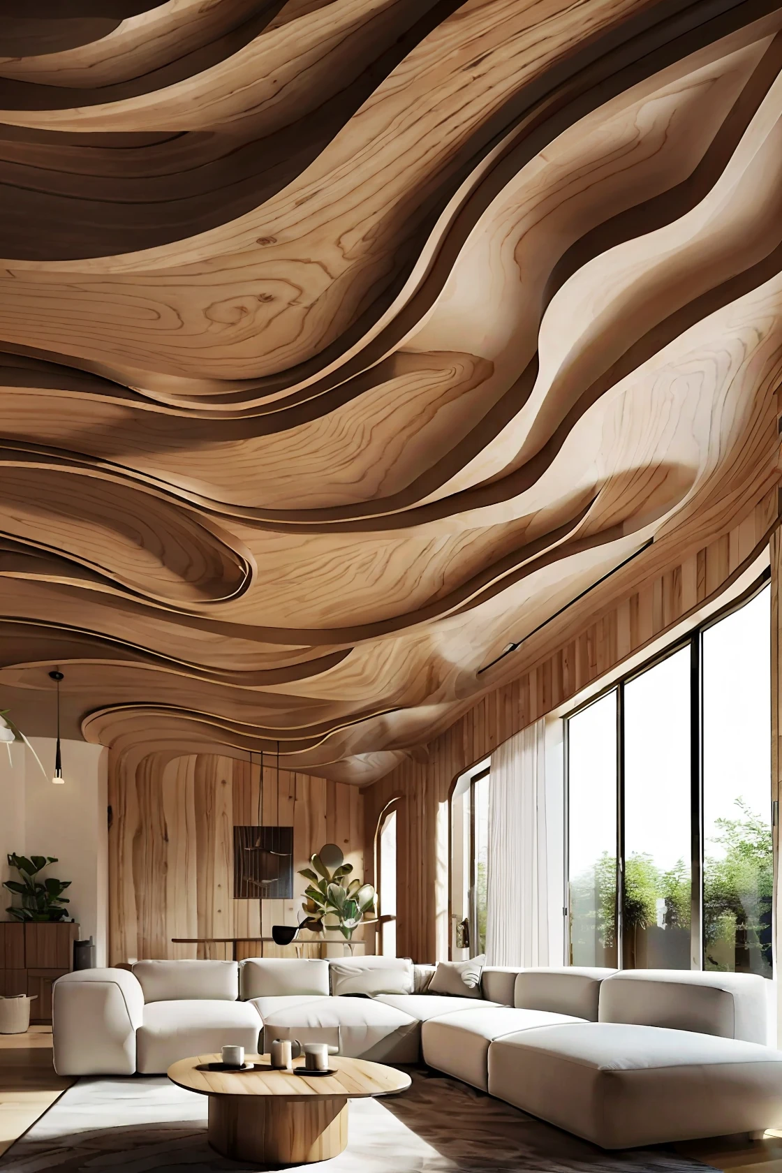 Living room with wooden wave ceiling（photograph realistic：1.2）