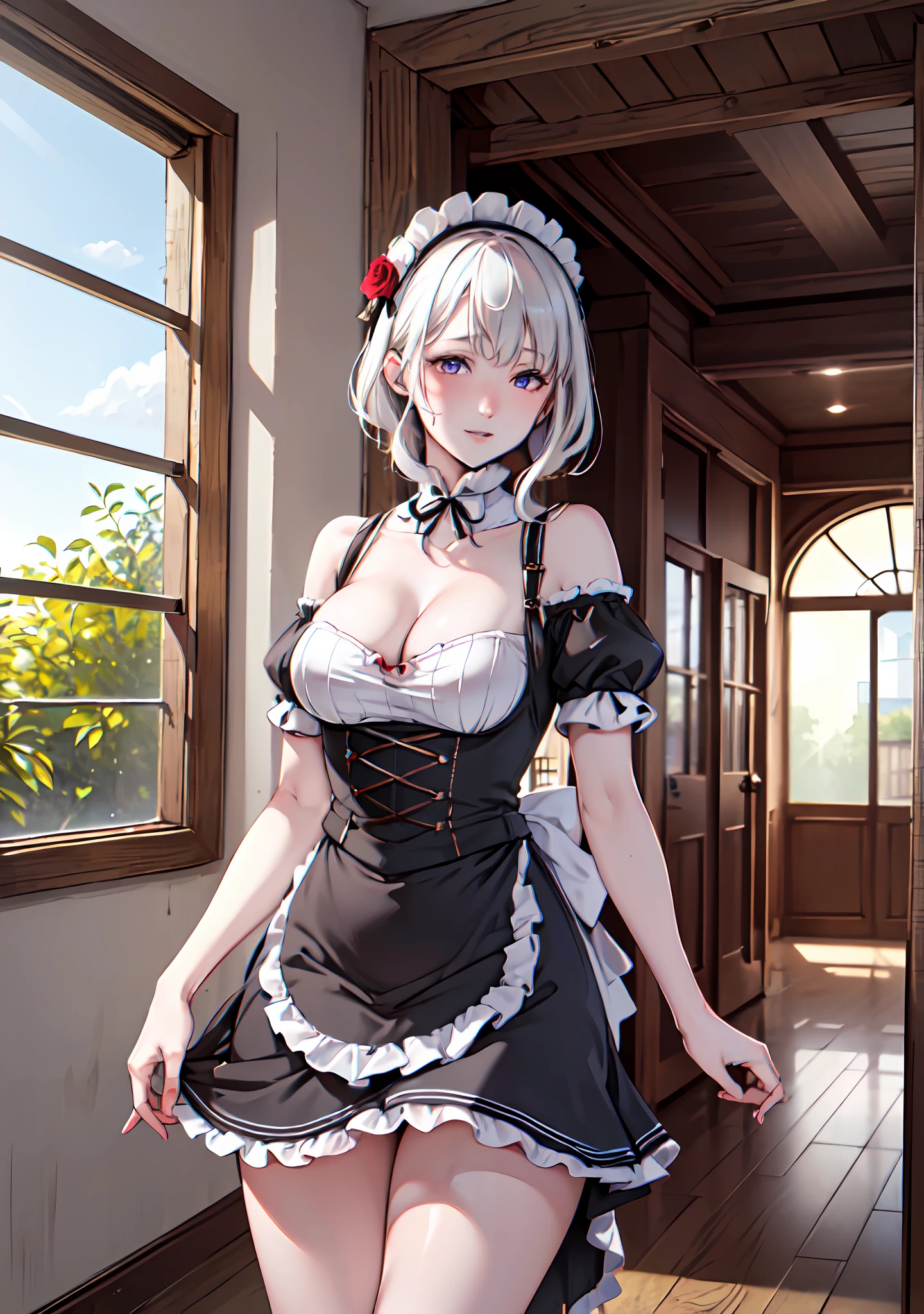 Nsfw, ((((masterpiece, best quality, high resolution)))), 1girl, white hair, purple eyes, short wavy hair, average breasts, blush, light smile, parted lips, glow, thighs, bare shoulders, collarbone, narrow waist, cleavage, (beautiful detailed face, beautiful detailed eyes), long slender thighs, perfect eyes, (maid outfit, maid apron, maid headband), (sunbeam, sunlight, rose, wind, cafe),nakamura regura