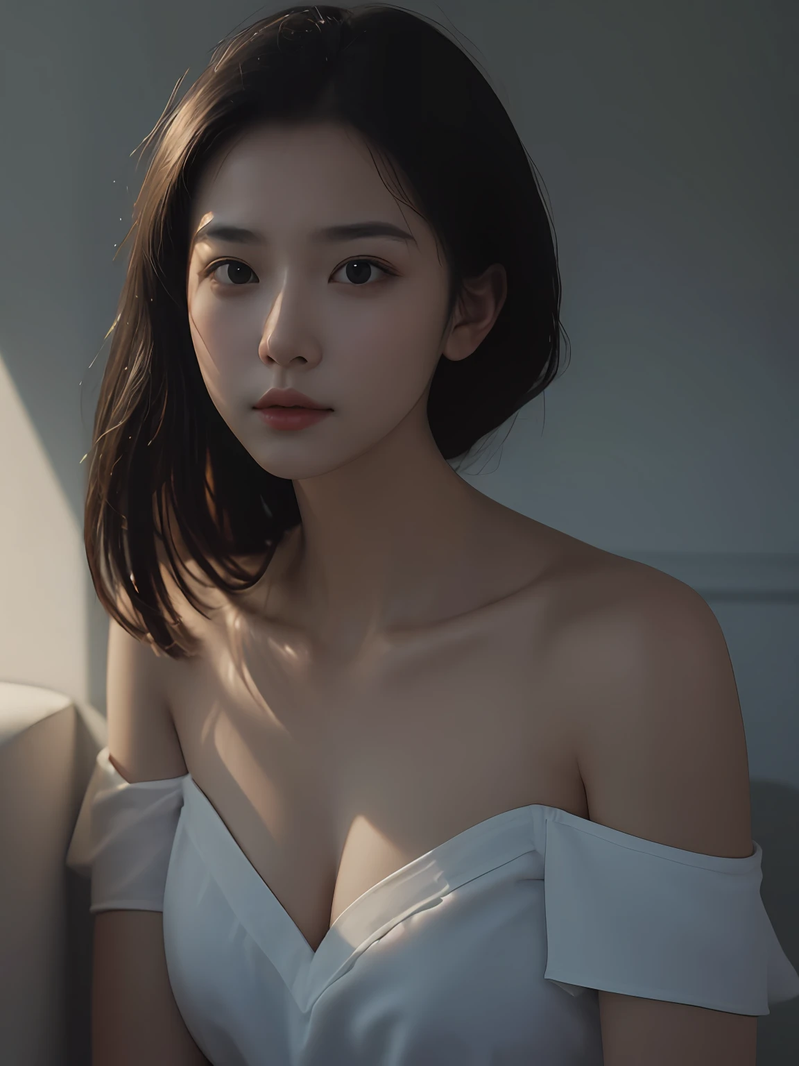 best quality, masterpiece, super high resolution, (lifelike:1.5), original photo, girl, shoulder,, dark shadow, understated, cold light, sexy look,