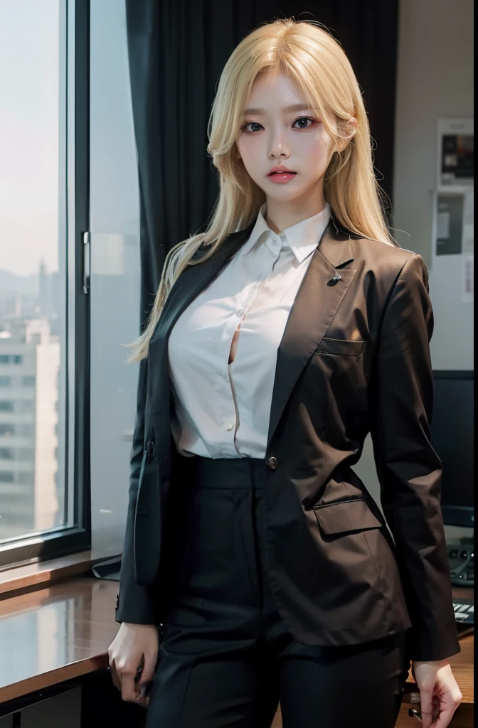 one woman, hair long, blonde, black eyes, office clothes  , sharp body, In an office  , detailed body, detailed face, best quality, high quality, masterpiece, korean