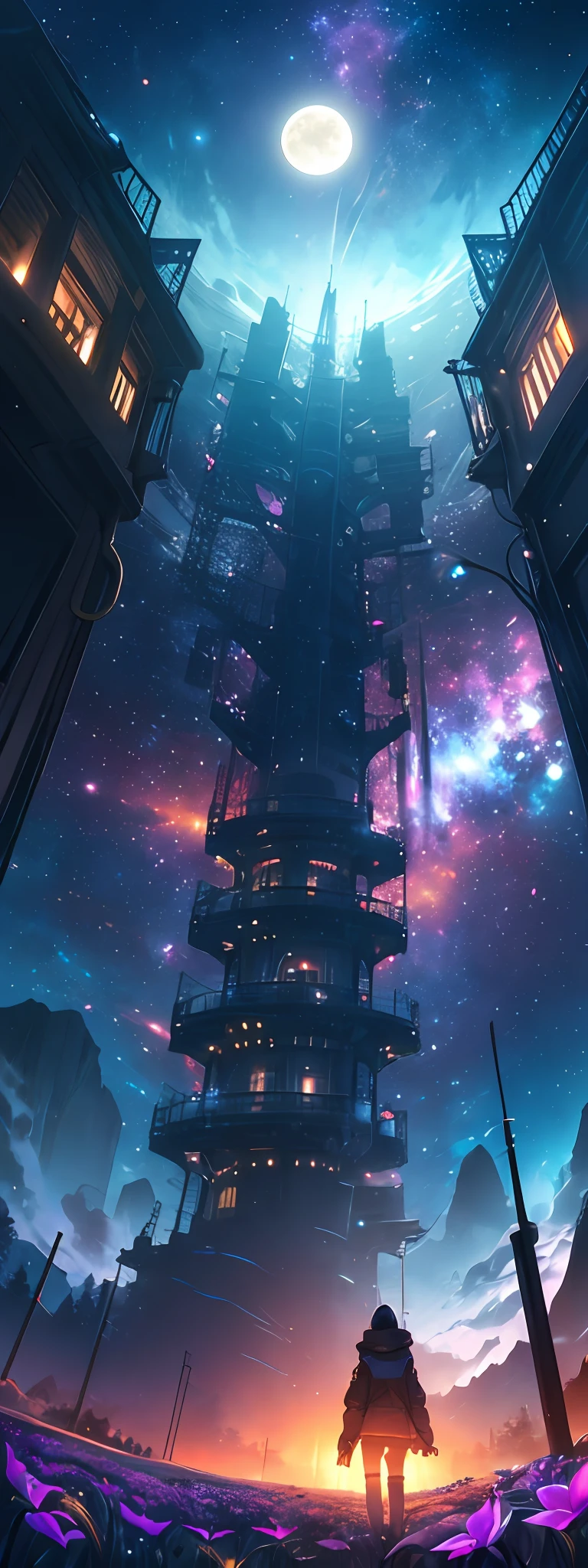 expansive landscape photograph , (a view from below that shows sky above and open field below), a girl standing on flower field looking up, (full moon:1.2), ( shooting stars:0.9), (nebula:1.3), distant mountain, tree, masterpiece, absurdres, 8k BREAK
production art, (warm light source:1.2), (Firefly:1.2), lamp, lot of purple and orange, intricate details, volumetric lighting BREAK
(masterpiece:1.2), (best quality), 4k, ultra-detailed, (dynamic composition:1.4), highly detailed, colorful details,( iridescent colors:1.2), (glowing lighting, atmospheric lighting), dreamy, magical, (solo:1.2)