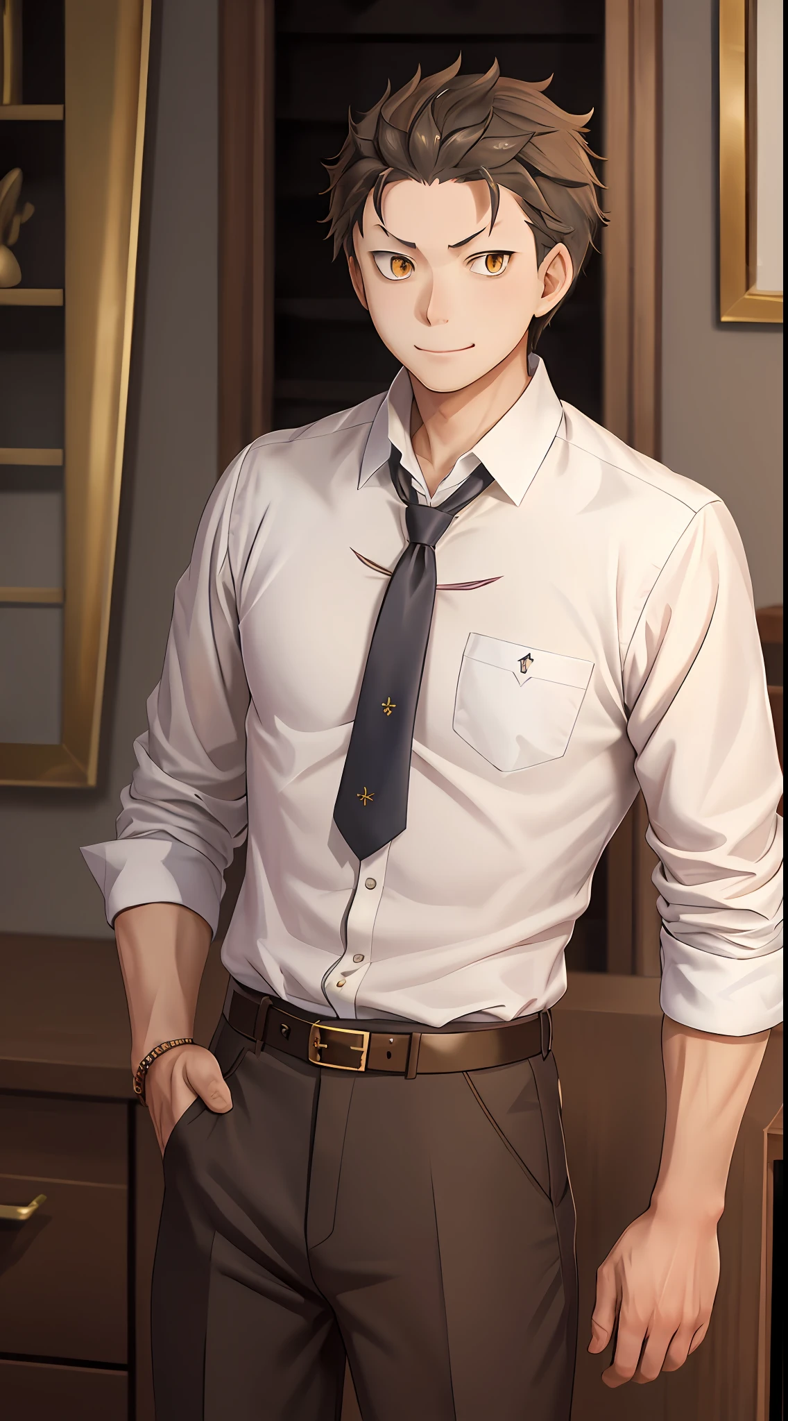 （1 Adult male），A high resolution， Sharp focus， Pixiv masterpiece， （（Complicated details））， highly  detailed， natsuki_subaru， 1 man， ssmile，full bodyesbian， Golden eyes（eyes glowing）， with short golden hair，white  shirt，Wear a tie，Wear a belt，perspire，look from down
