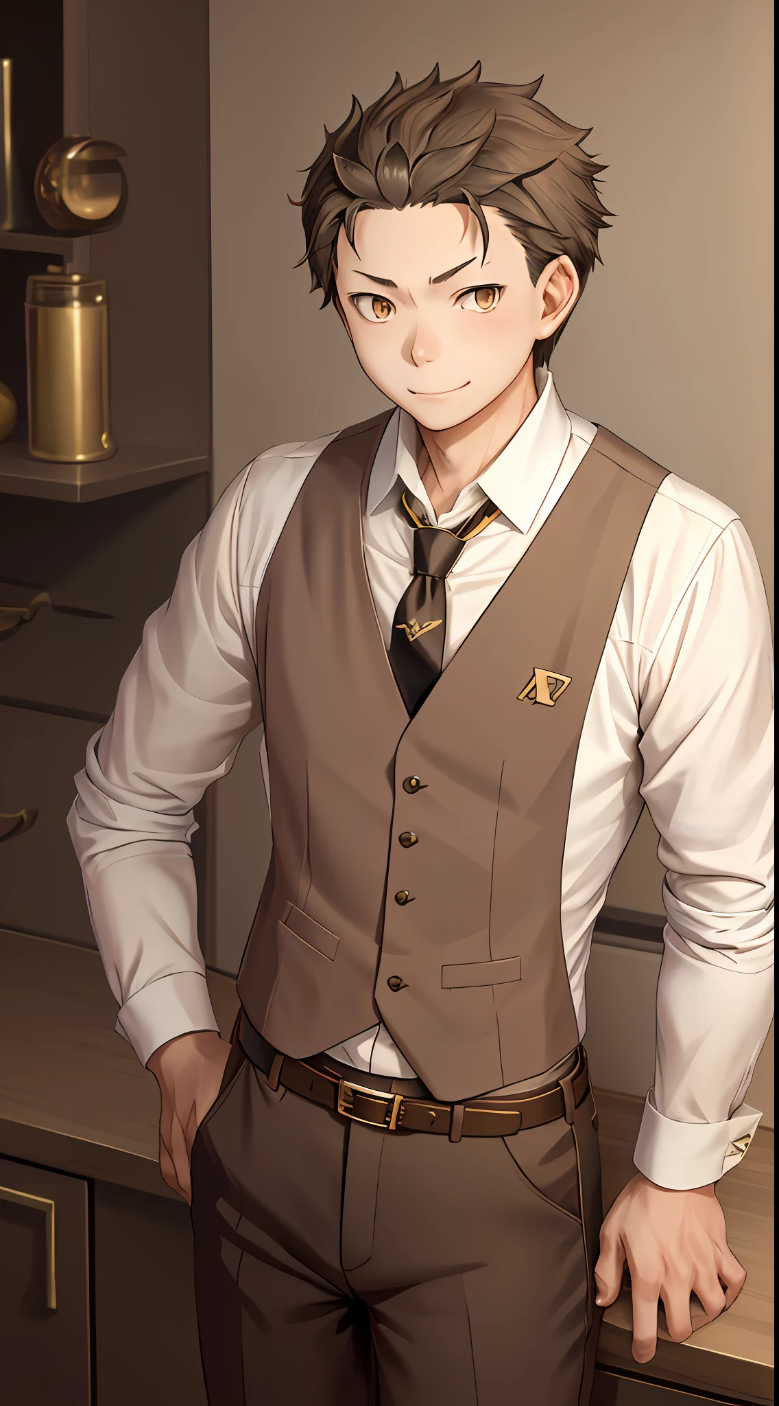 (1 Adult male),A high resolution, Sharp focus, Pixiv masterpiece, ((Complicated details)), highly detailed, natsuki_subaru, 1 man, ssmile,full bodyesbian, Golden eyes(eyes glowing), with short golden hair,white shirt,Wear a tie,Wear a belt,perspire,look from down