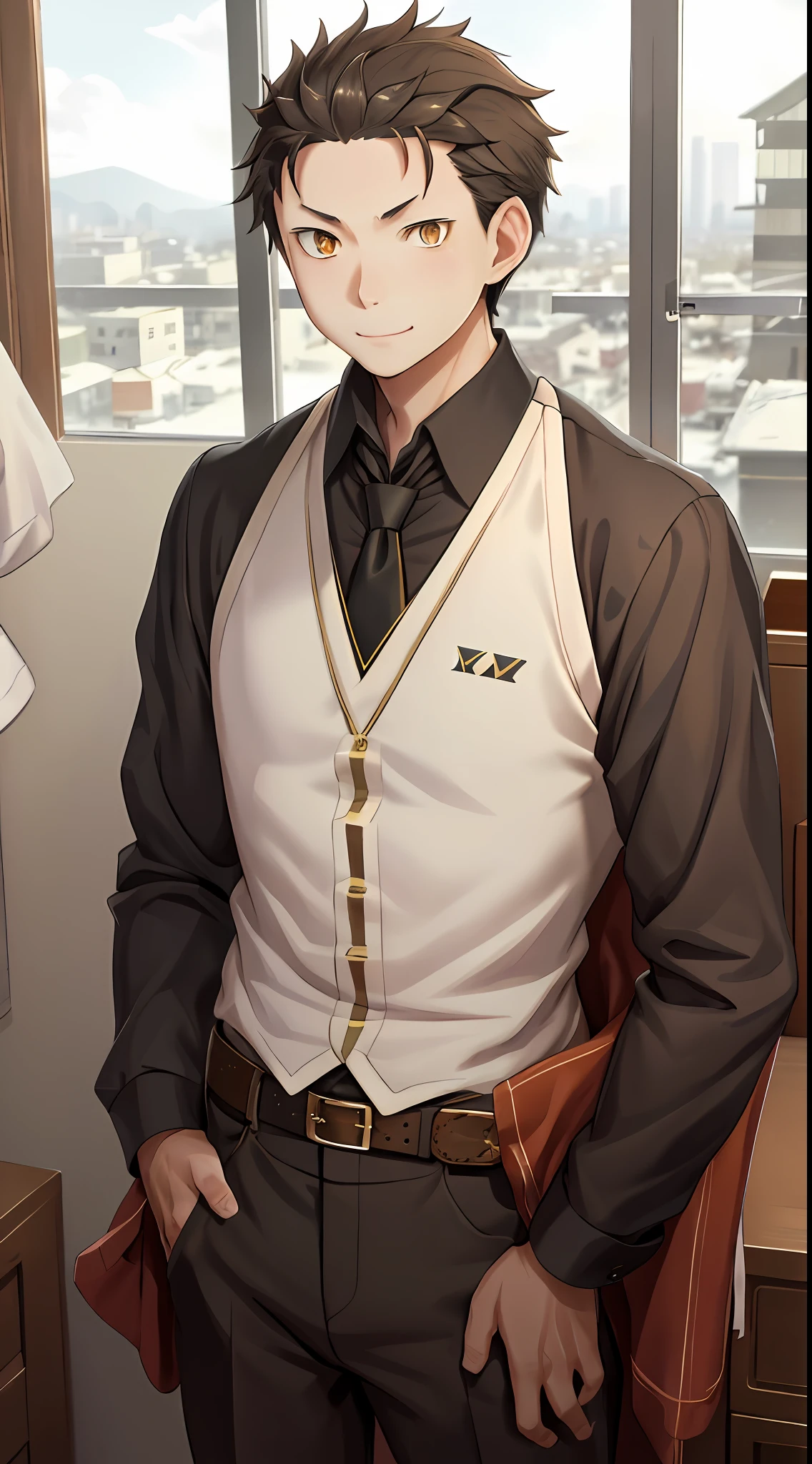 （1 Adult male），A high resolution， Sharp focus， Pixiv masterpiece， （（Complicated details））， highly  detailed， natsuki_subaru， 1 man， ssmile，full bodyesbian， Golden eyes（eyes glowing）， with short golden hair，white  shirt，Wear a tie，Wear a belt，perspire，look from down