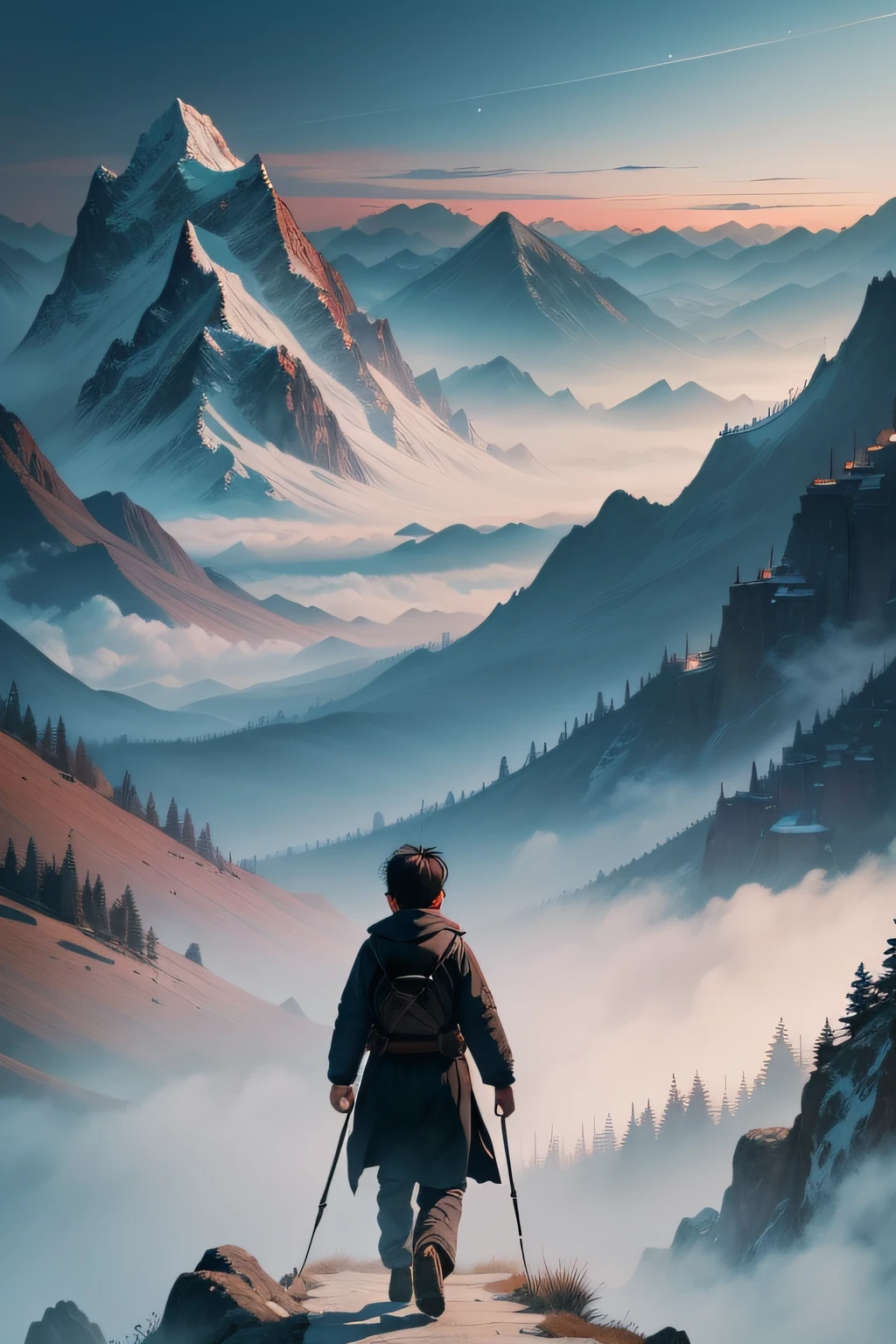 Chinese ink style,The atmosphere is magnificent,The artistic conception is far-reaching,A man treks through the mountains