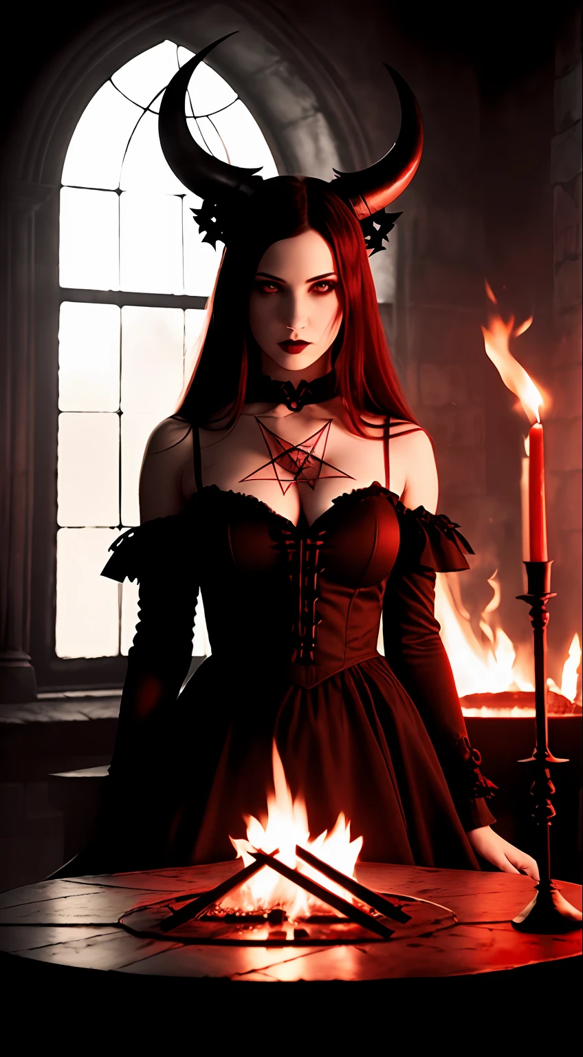 ((blood, dismemberment, disgust)), girl, (the pentagram), curved demonic horns, gothic dress, (red tone, fire in the background), slate atmosphere, cinematic, dimmed colors, dark shot, muted colors, film grainy, lut, spooky