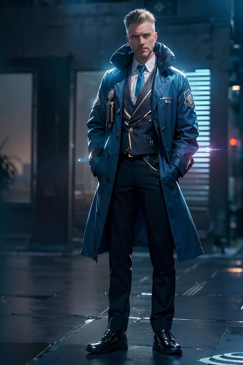 (
(Character: one English man, 40 years old, police, serious expression, short windswept hair, strong body)
(Clothing: blue police coat, tie, shoes)
(Pose: full body shot:1.7, dynamic pose)
(blurry, intense urban lights in background)
(Style: ((masterpiece:1.5)), (face detailed), photo-realistic:1.3, hyperrealistic, foggy, high contrast, shiny skin, soft lighting, backlighting, bloom, light sparkles, chromatic aberration)