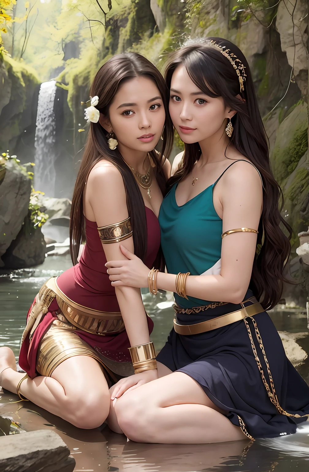 8K Raw photograph,2girls,duo,{2 beautiful women}, best qualtiy,Masterpiece, 超高分辨率,filmgrain,cinematic ligh,looking at viewert,Natural skin texture,Realistic Eyes and Face Details,((Realistic:1.5)),Ulzzang-6500:1.4,((Best quality)), ((Masterpiece)),((Detailed)),(Upper body:1.3),Hug and touch each other, Tease your friend's waist, Breathless friends, Biting a friend's earlobe, crouched,super wide shot,Face focus, Long legs,Curvy, Barefoot,Wide hips, Thin legs, Oversized eyes,Long eyelashes, (Detailed face,beautidful eyes, detailedpupils,detailed clothes features, Clear background:1.3), (armlets, bangle:1.3), Mysterious ancient ruins, floresta exuberante, Deep canyon,bridge,River,cliff,Cloud,lakes,Rock music,Waterfalls, Flowers, Grass,grape trees,tree,bright detail,Sharp,Perfect compounding, Intricate, Sharp focus, Dramatic,