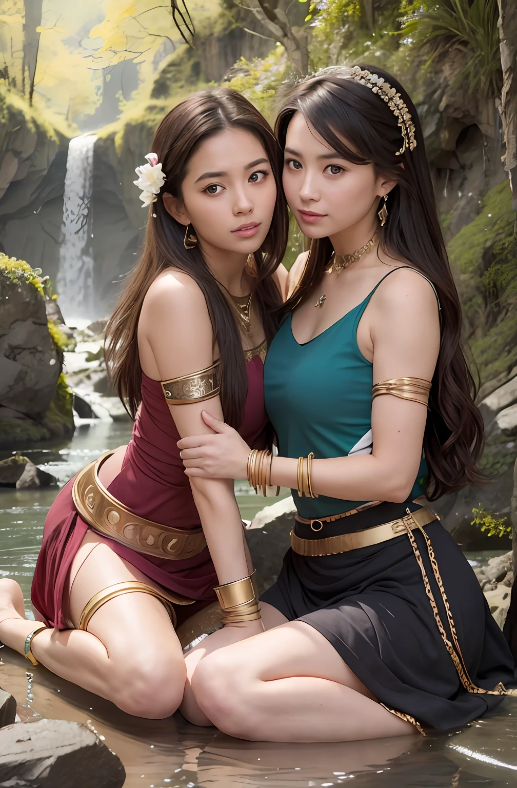 8K Raw photograph,2girls,duo,{2 beautiful women}, best qualtiy,Masterpiece, 超高分辨率,filmgrain,cinematic ligh,looking at viewert,Natural skin texture,Realistic Eyes and Face Details,((Realistic:1.5)),Ulzzang-6500:1.4,((Best quality)), ((Masterpiece)),((Detailed)),(Upper body:1.3),Hug and touch each other, Tease your friend's waist, Breathless friends, Biting a friend's earlobe, crouched,super wide shot,Face focus, Long legs,Curvy, Barefoot,Wide hips, Thin legs, Oversized eyes,Long eyelashes, (Detailed face,beautidful eyes, detailedpupils,detailed clothes features, Clear background:1.3), (armlets, bangle:1.3), Mysterious ancient ruins, floresta exuberante, Deep canyon,bridge,River,cliff,Cloud,lakes,Rock music,Waterfalls, Flowers, Grass,grape trees,tree,bright detail,Sharp,Perfect compounding, Intricate, Sharp focus, Dramatic,