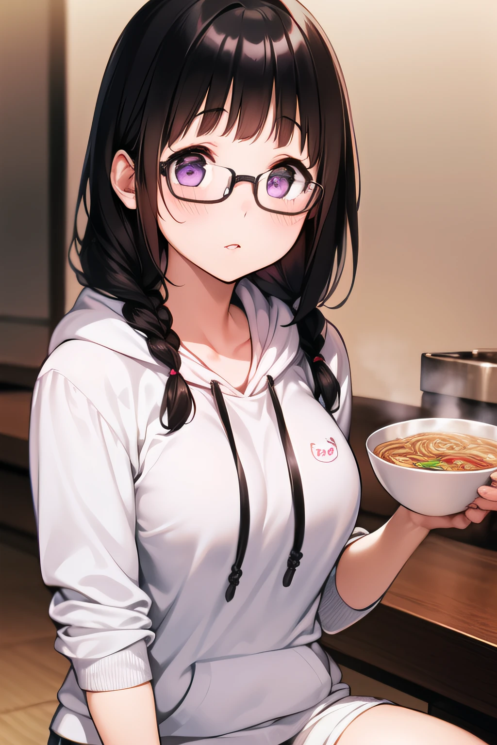 A superb exquisite Chitanda Eru, purple eyes, black long hair, 2 braids, straight bangs, (Small_breasts: large_breasts: 0.4), solo, ((ramen shop)), ((eyeglasses)), ((blush_face)), ((pleasure_expression)), ((hoodie, shorts)), chopstick, extremely delicate, straight facial features, peerless beautiful girl, soft, (kawaii), dreamy quality, light white and dark brown, exaggerated facial features, solid color, delicate face, bright lips slightly open, slender waist, soft curves, real light and shadow, super fine, 4k, natural moving, Ultra high resolution, (masterpiece:1.2, best quality), (finely detailed beautiful eyes: 1.2), (beautiful detailed face)