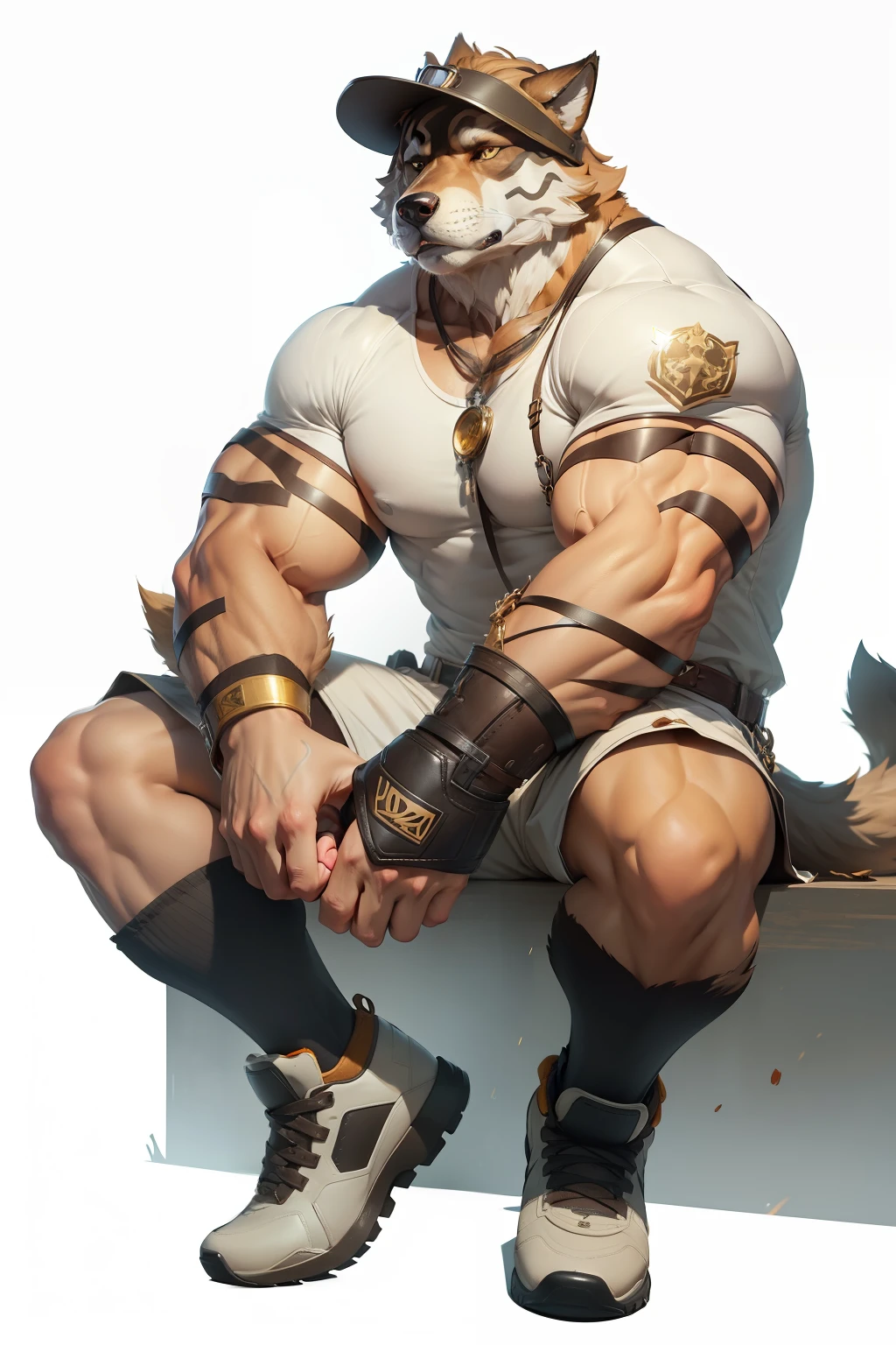 man with a dog face, dog, light brown fur, caramel, drooping ears, closed expression, soil, dark blonde, full body, wearing tank top, skin detailes, man with a dog mask on his head, brown fur, caramel, drooping ears, closed expression, a character portrait inspired by Caspar Wolf, trend in deviantart, furry art, furry chest, furry fursona, furry character, furry body, furry neck a, Antro (wolf), Male, (wolf), Brown body, White belly, Detailed golden eyes, Rainy, dark: 1.3, Arena: 1.6, Dim, (Fighting pose), White hand strap, Biceps, (Muscular), Sweat, , 8K HD, Dark shadows, Wide dynamic range, HDR, 低光:1.2, by Pino Daeni, (by Ruaidri), by Virtyalfobo