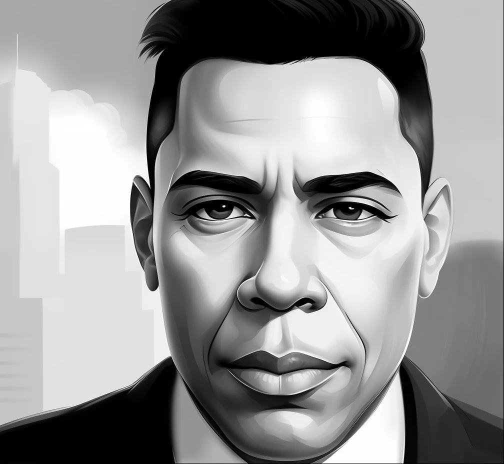 um close up de um homem de terno e gravata com uma cidade ao fundo, detailed illustration portrait, Epic portrait illustration, digital illustration portrait, inspirado em Arnold Bronckhorst, retrato digital, Portrait illustration, in illustration style digital, Retrato de Barack Obama, retrato dos desenhos animados, sharp digital painting, retrato detalhado do caractere, pintura digital dos desenhos animados, retrato de alta qualidade, with a juicy burger