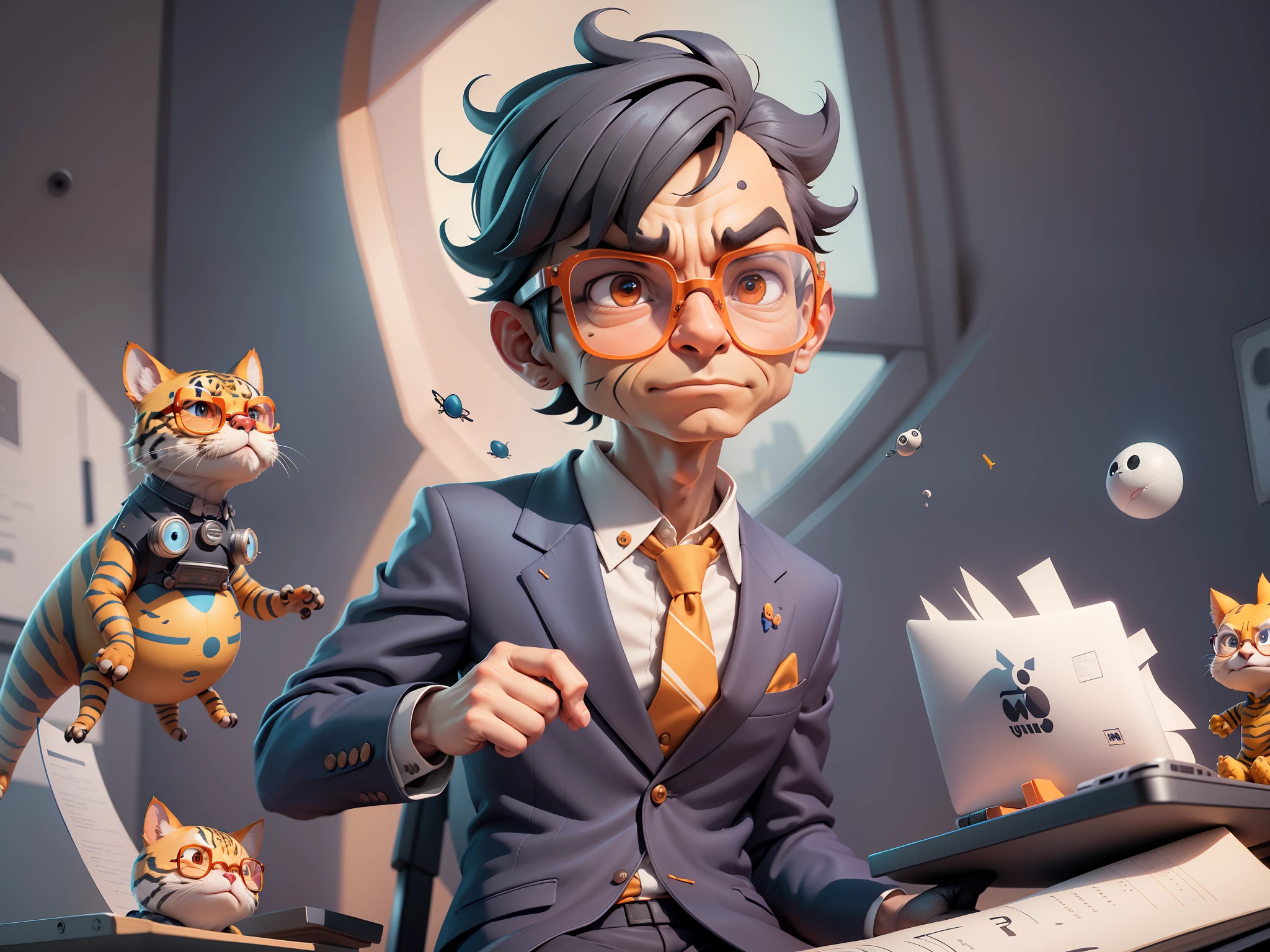 A young man in a suit, Short hair and glasses sat at his desk,holding laptop,digitial painting,tigre,3D character design by Mark Clairen and Pixar and Hayao Miyazaki and Akira Toriyama,4K HD illustration,Very detailed facial features and cartoon-style visuals。