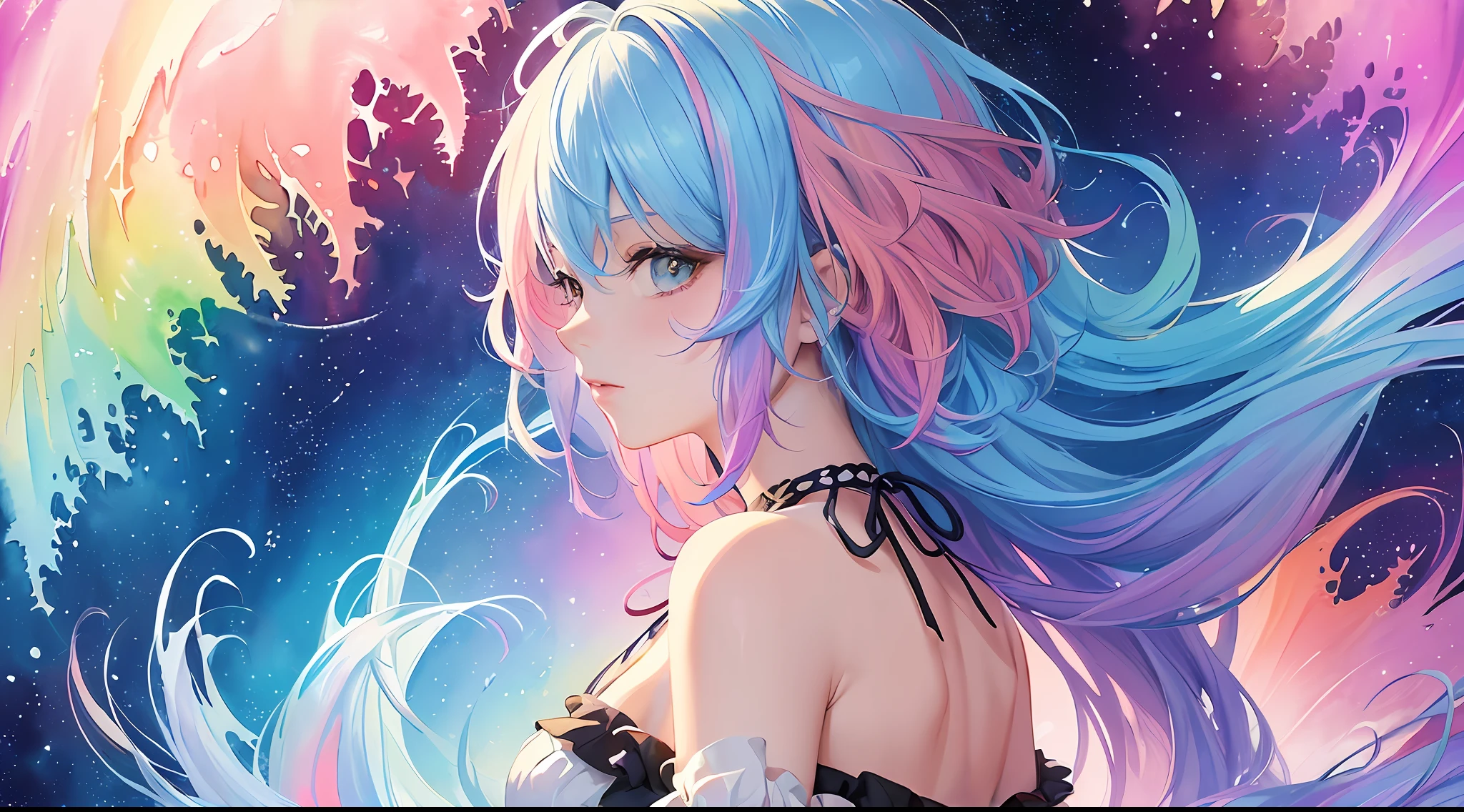 (masterpiece, top quality, best quality,watercolor (medium),official art, beautiful and aesthetic:1.2),(1girl:1.3), (fractal art:1.3),upper body, from side, looking at viewer,patterns,(rainbow color Hair,colorful hair,half blue and half pink hair:1.2),water,liquid, cloud,colorful, starry,stars,