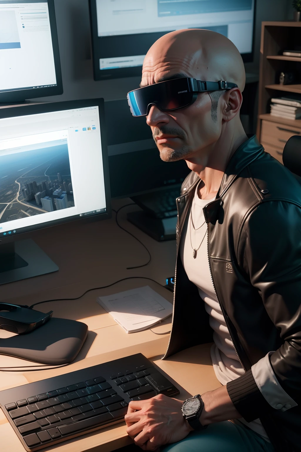 crie um personagem 3D, homem, careca, com idade de 30 anos, utilizando um oculos VR, in the background a scenario with several items of technology, desktop, Monitors with 3D visualization images for architecture