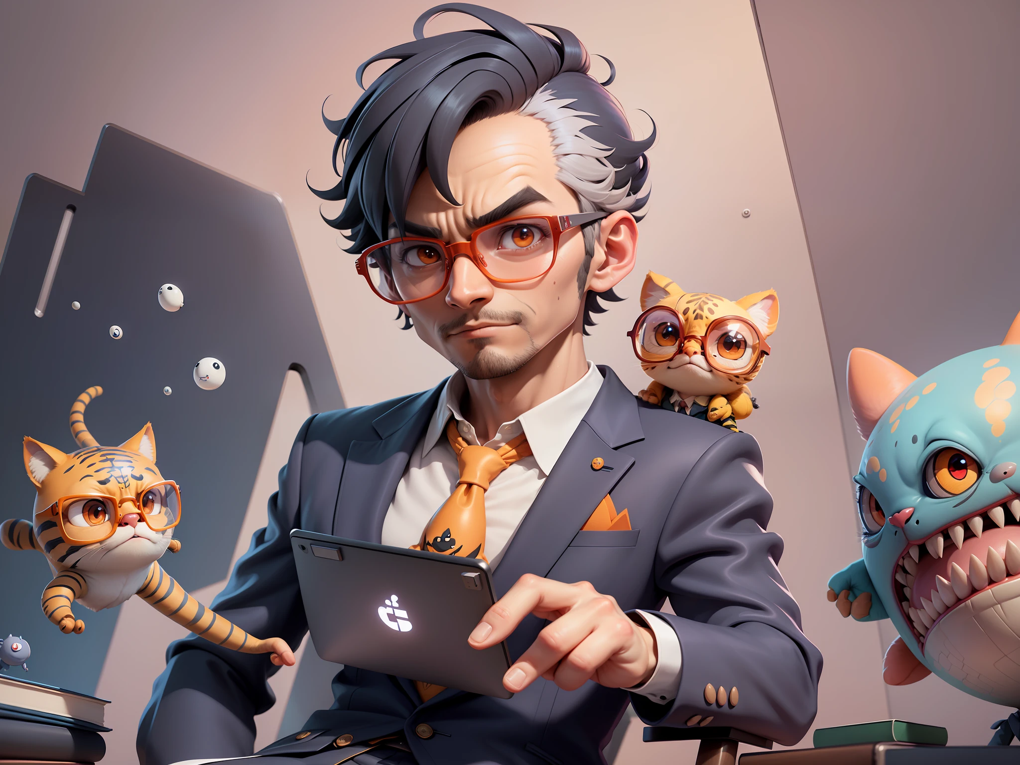 A young man in a suit, Short hair and glasses sat at his desk，holding laptop，digitial painting，tigre，3D character design by Mark Clairen and Pixar and Hayao Miyazaki and Akira Toriyama，4K HD illustration，Very detailed facial features and cartoon-style visuals。