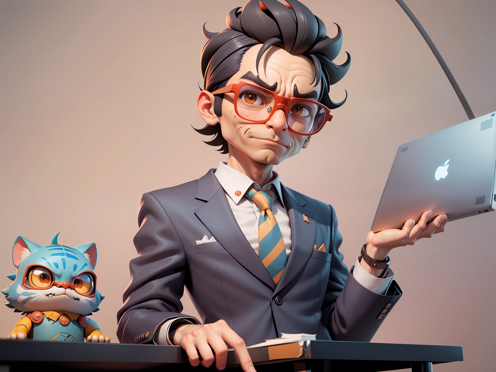 A young man in a suit, Short hair and glasses sat at his desk,holding laptop,digitial painting,tigre,3D character design by Mark Clairen and Pixar and Hayao Miyazaki and Akira Toriyama,4K HD illustration,Very detailed facial features and cartoon-style visuals。
