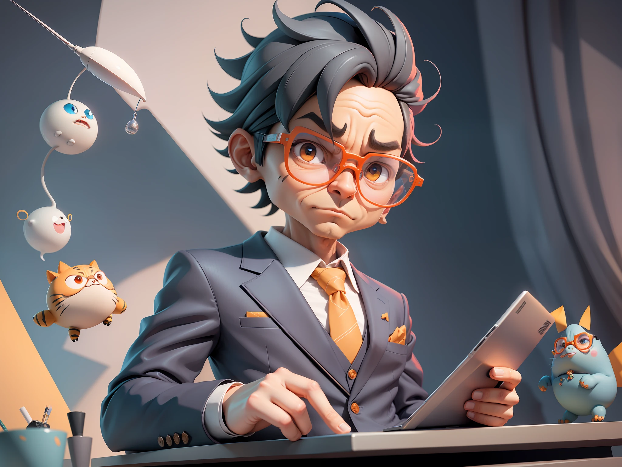 A young man in a suit, Short hair and glasses sat at his desk,holding laptop,digitial painting,tigre,3D character design by Mark Clairen and Pixar and Hayao Miyazaki and Akira Toriyama,4K HD illustration,Very detailed facial features and cartoon-style visuals。