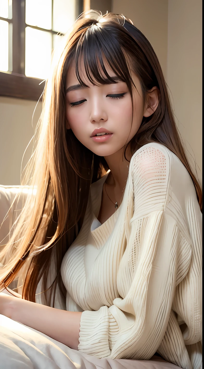 best qualtiy、masterpiece、photoRealstic、intricate-detail、Raw foto、Photon Rendering、ultra-detailliert、A detailed face、Detailed skin、Trending in art stations、8K Masterpiece、( (1girl in))、((独奏) ))、((Behold))、CG Social Trends、((length hair))、((Beautuful Women))、(A smile)、((A sexy))、Hair that flutters in the wind、((Flowing hair))、fashion magazine、Plain clothe、full body Esbian、a blond、ssmile、on the beds、luslous skin、Oily skin、natta、dim room、Midnight、darkened room、Lying in bed、Sleeping on your back、Are sleeping、Lie down、dark ilumination、Face to kiss、the kiss、Close your eyes、Fluffy clothes、Disheveled clothes、sleep、Plain clothe、