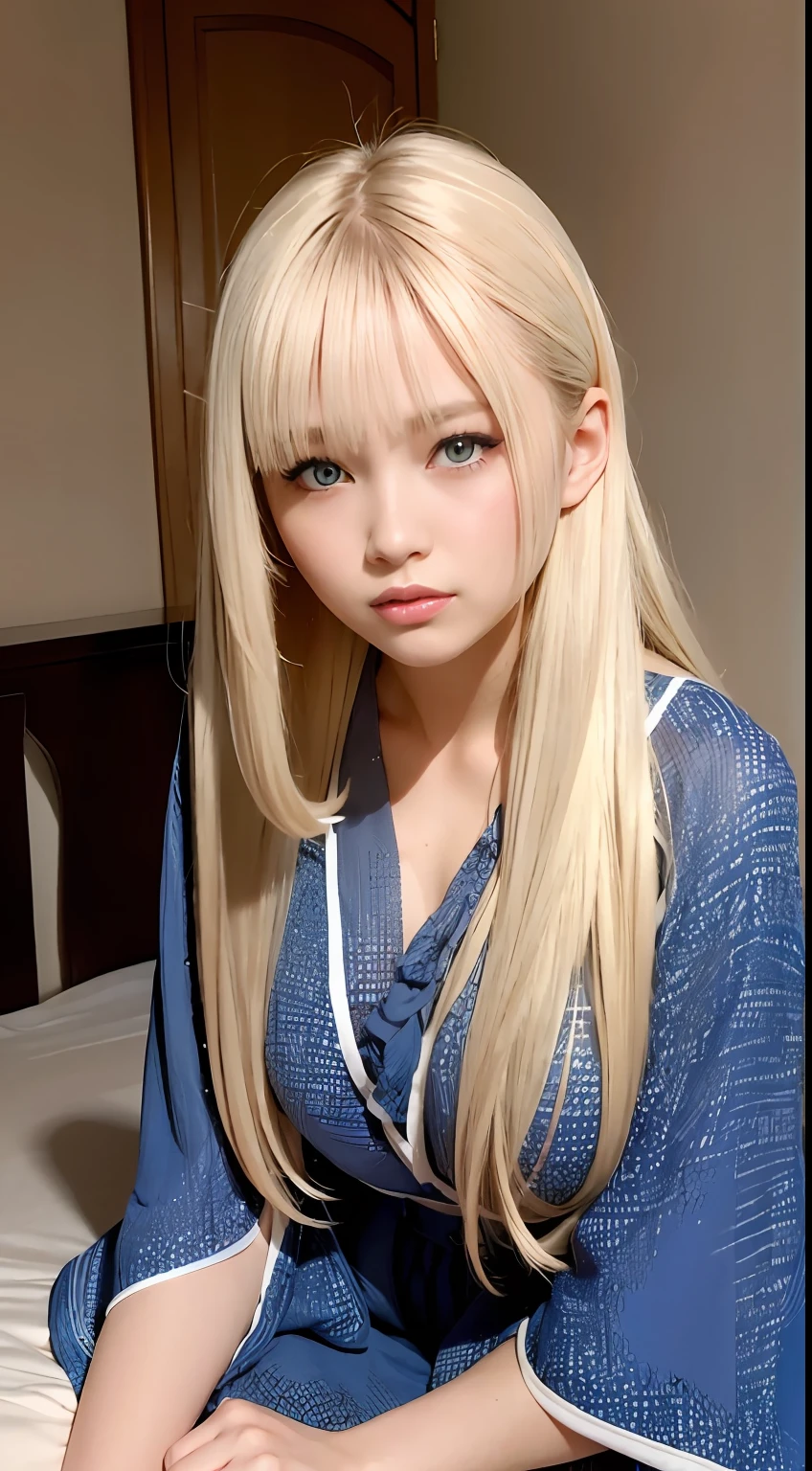 best qualtiy、masterpiece、photoRealstic、intricate-detail、Raw foto、Photon Rendering、ultra-detailliert、A detailed face、Detailed skin、Trending in art stations、8K Masterpiece、( (1girl in))、((独奏) ))、((Behold))、CG Social Trends、((length hair))、((Beautuful Women))、(A smile)、((A sexy))、Hair that flutters in the wind、((Flowing hair))、fashion magazine、Plain clothe、full body Esbian、a blond、ssmile、on the beds、luslous skin、Oily skin、Kaftan in ethnic style、natta、dim room、Midnight、darkened room、Lying in bed、Sleeping on your back、Are sleeping、Lie down、dark ilumination、Good night