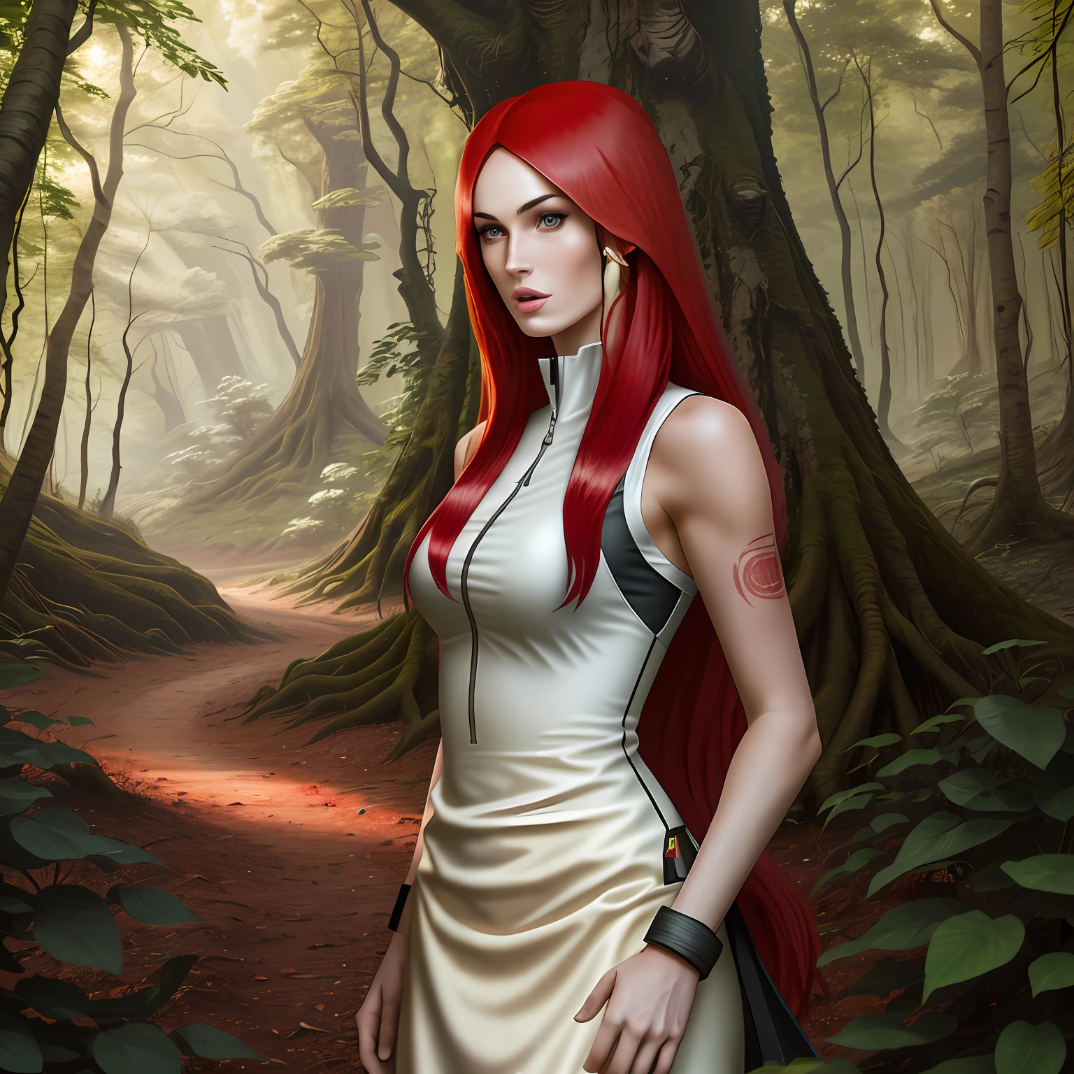 Tall beautiful woman with blood-red hair in a nature setting, like Megan Fox