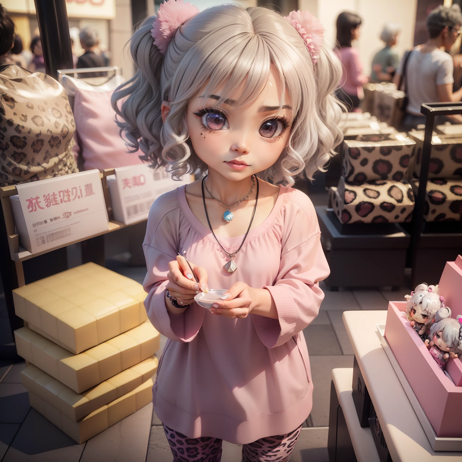 (((chibi3d)))Gray-haired perm hair There are a lot of wrinkles and blemishes on the face。confident facial expression,Wearing a vivid pink tunic,Wearing leopard print leggings,Glittering necklace,Large Gemstone Rings,mall、traffic jam
