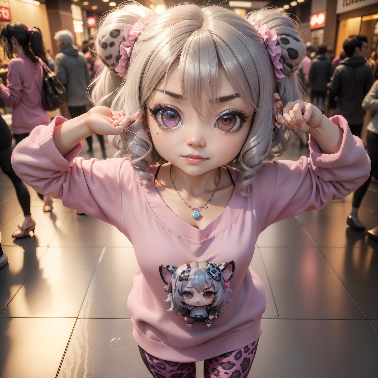 (((chibi3d)))Gray-haired perm hair　There are a lot of wrinkles and blemishes on the face。confident facial expression,Wearing a vivid pink tunic,Wearing leopard print leggings,Glittering necklace,Large Gemstone Rings,mall、traffic jam